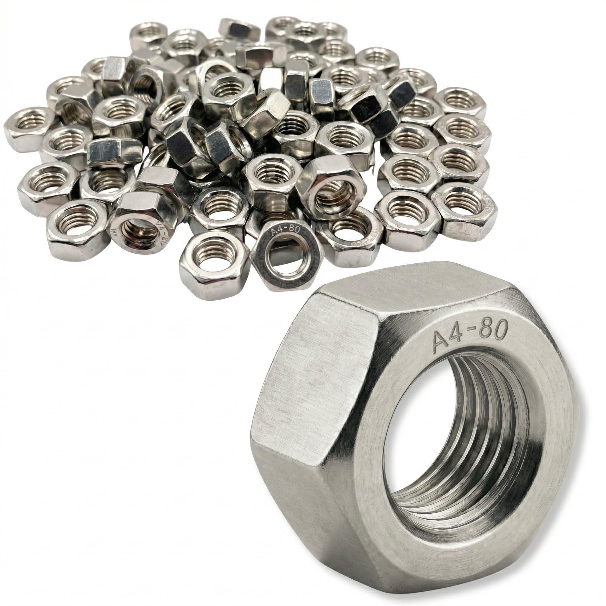 Dado inox M5 esagonale HU in acciaio inox A4 per viti, aste filettate, bulloni Ø 5 mm / diam. 5 mm | Dadi DIN 934/ISO 4032 | Viteria inox A4-80 (V4A/316): set di 50 pezzi