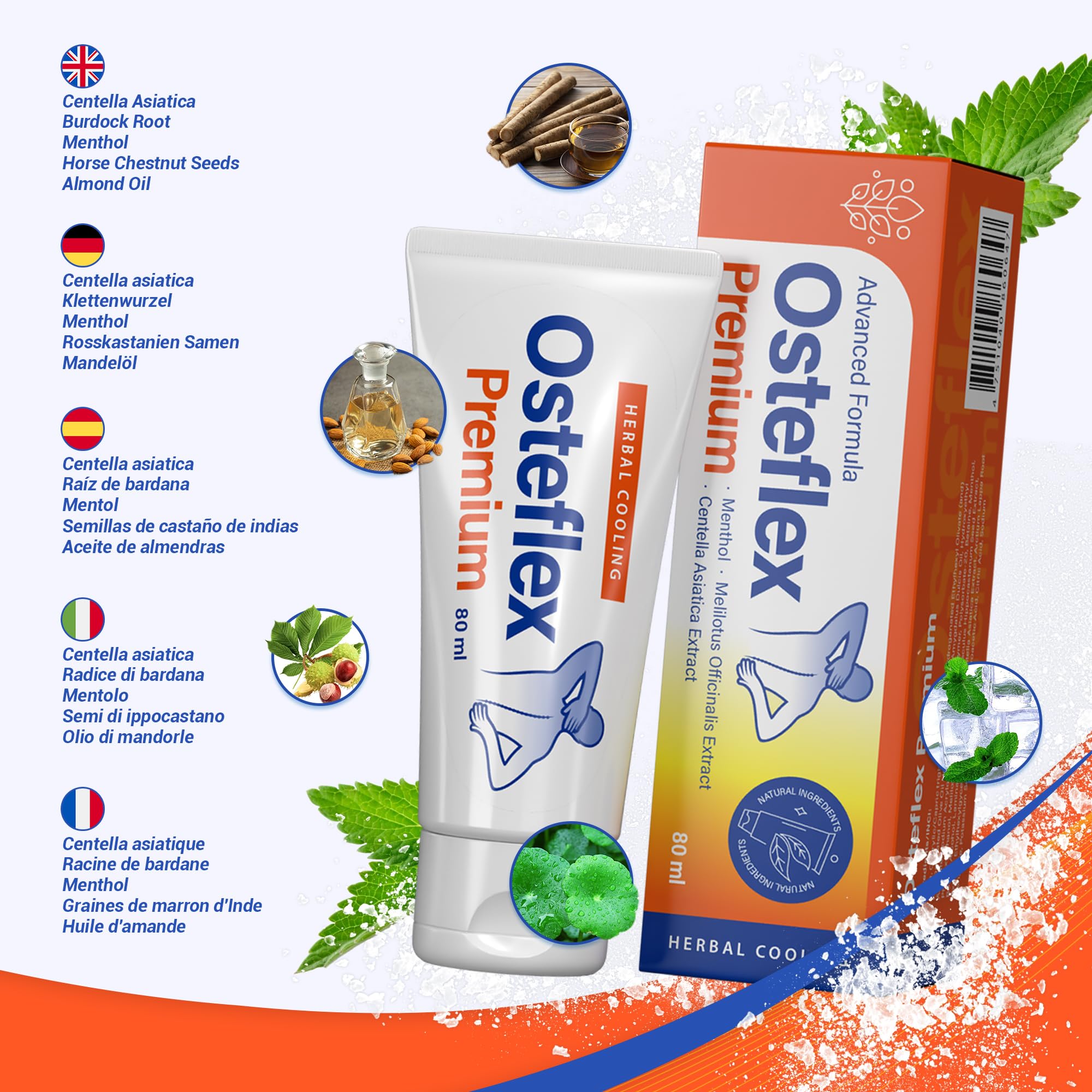 Osteflex Premium - Crema per il Dolore Articolare, con Centella Asiatica, Radice di Bardana, Mentolo e Olio di Mandorle, 80 ml