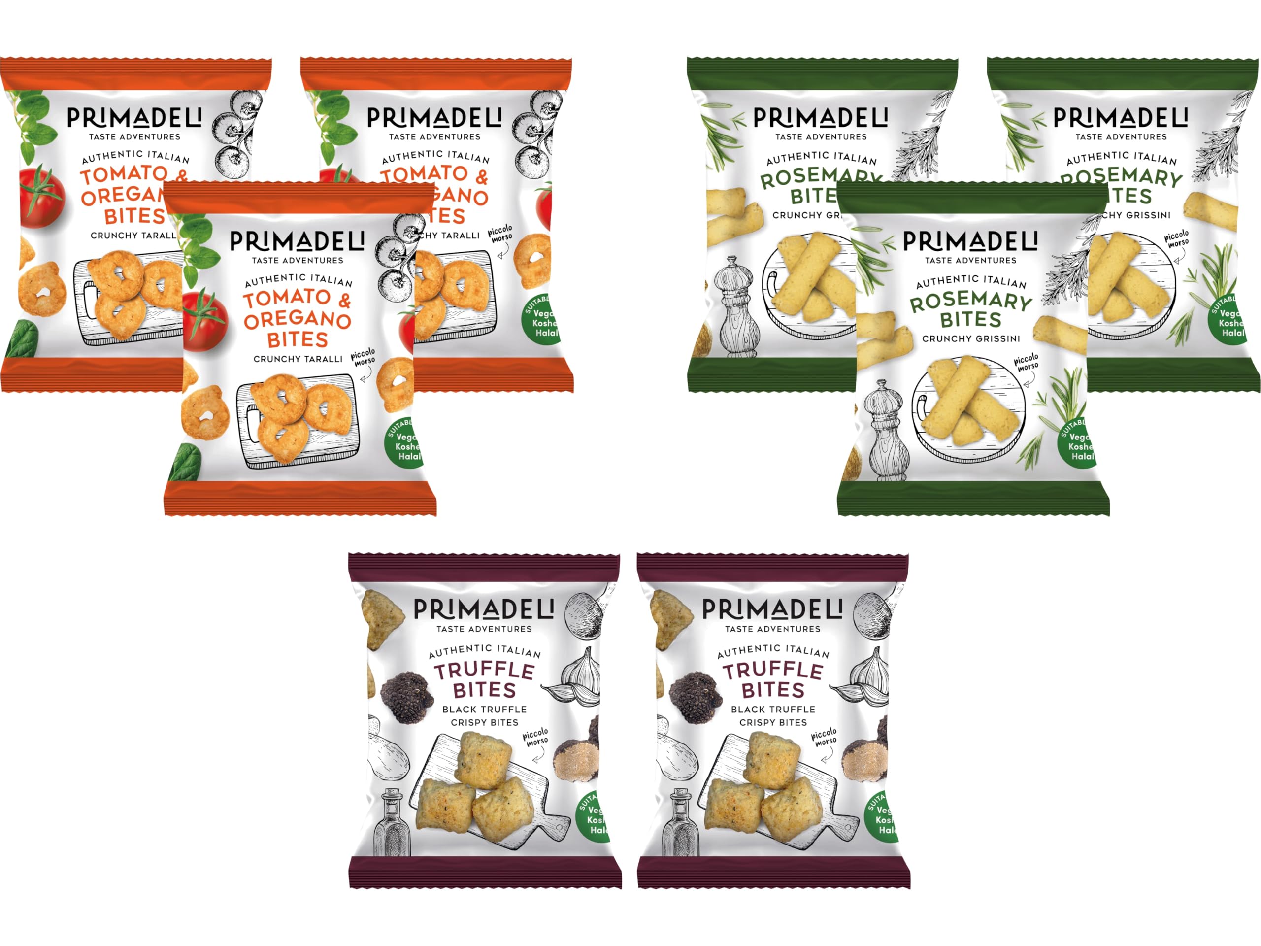 Primadeli - Taste Adventure - Tomato & Oregano Bites, Truffle Bites, Rosemary Bites - Vegan - (Variety Box) - 25g x 8 bags