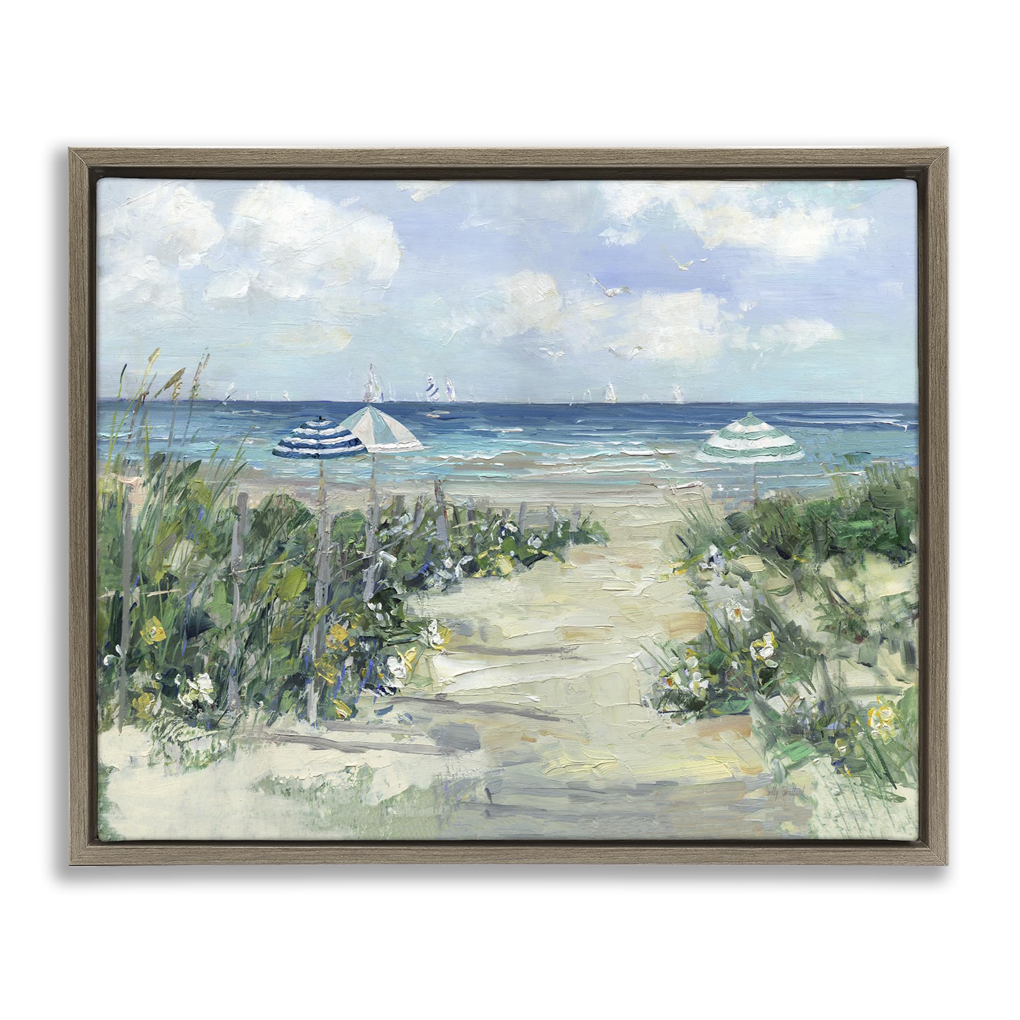 Stupell Industries Montalcino Elm (Textured) Seaside Path Striped Umbrellas, 16 X 20 Inch Canvas In Floater Frame