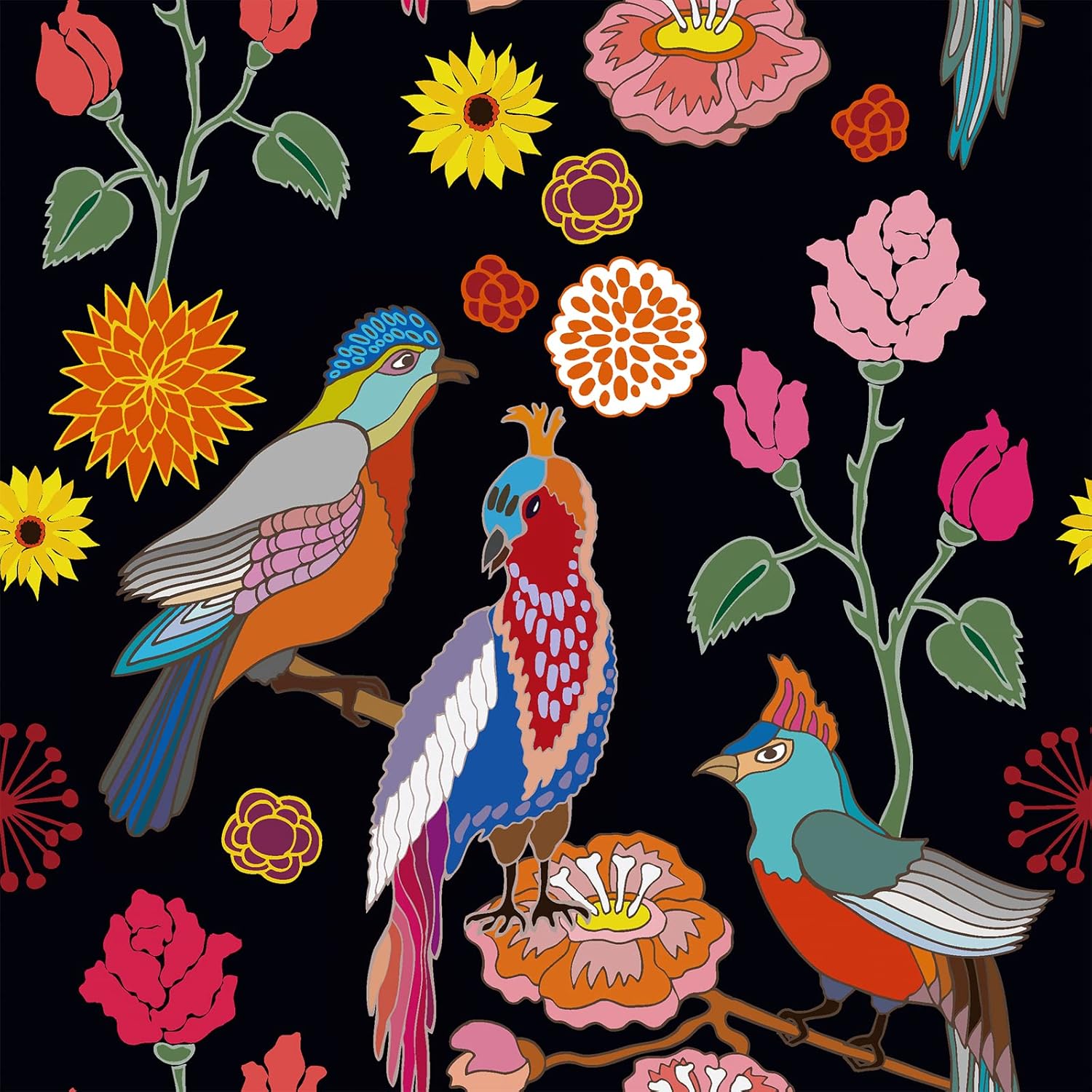 VaryPaper Papel Pintado Flores y Pajaros Papel de Pared Flores Vintage Papel Pintado Autoadhesivo Negro Papel Para Forrar Muebles Adhesivo Papel Autoadhesivo Pared Salon Dormitorio 44.5cmx200cm