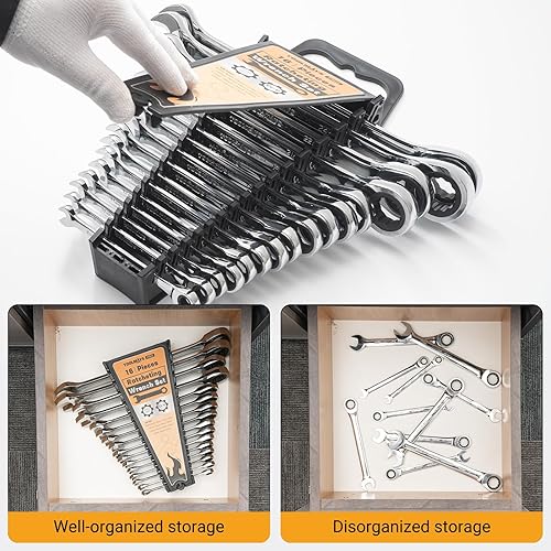 Miniatura 7 de Juego de llaves de trinquete de 16 piezas, juego de llaves combinadas, con organizador, MMmétrica Max 120 dientes Cromo Vanadio Llave combinada