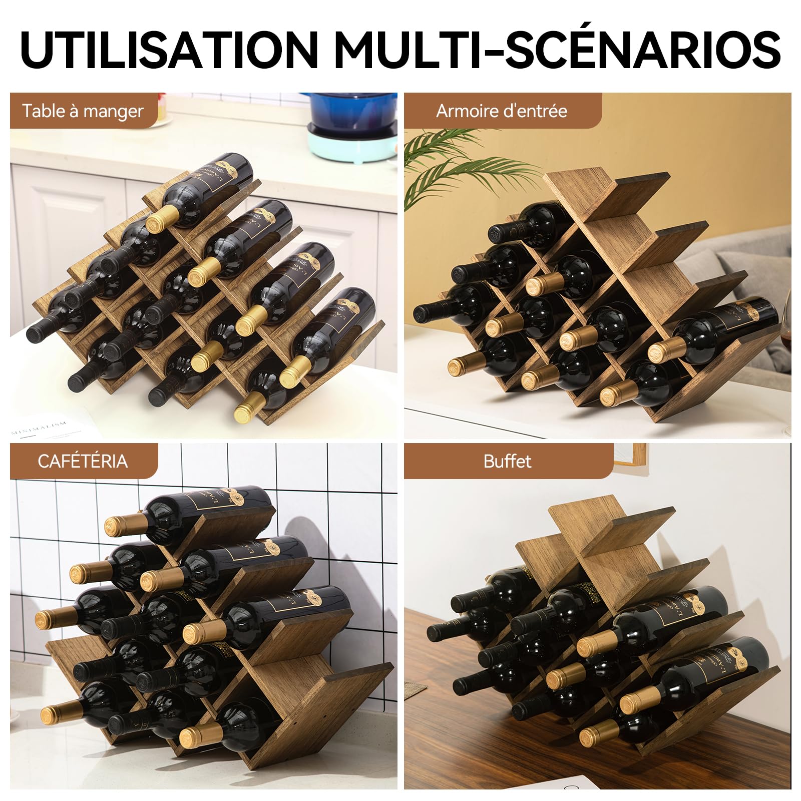 KIRIGEN Casier à vin, Porte-Bouteilles 13 Places, 56,6×15×36,5 cm, Brun | Bois massif travaillé à la main, finition à l’huile-cire, 4 étagères, montage par vis, tournevis non fourni.