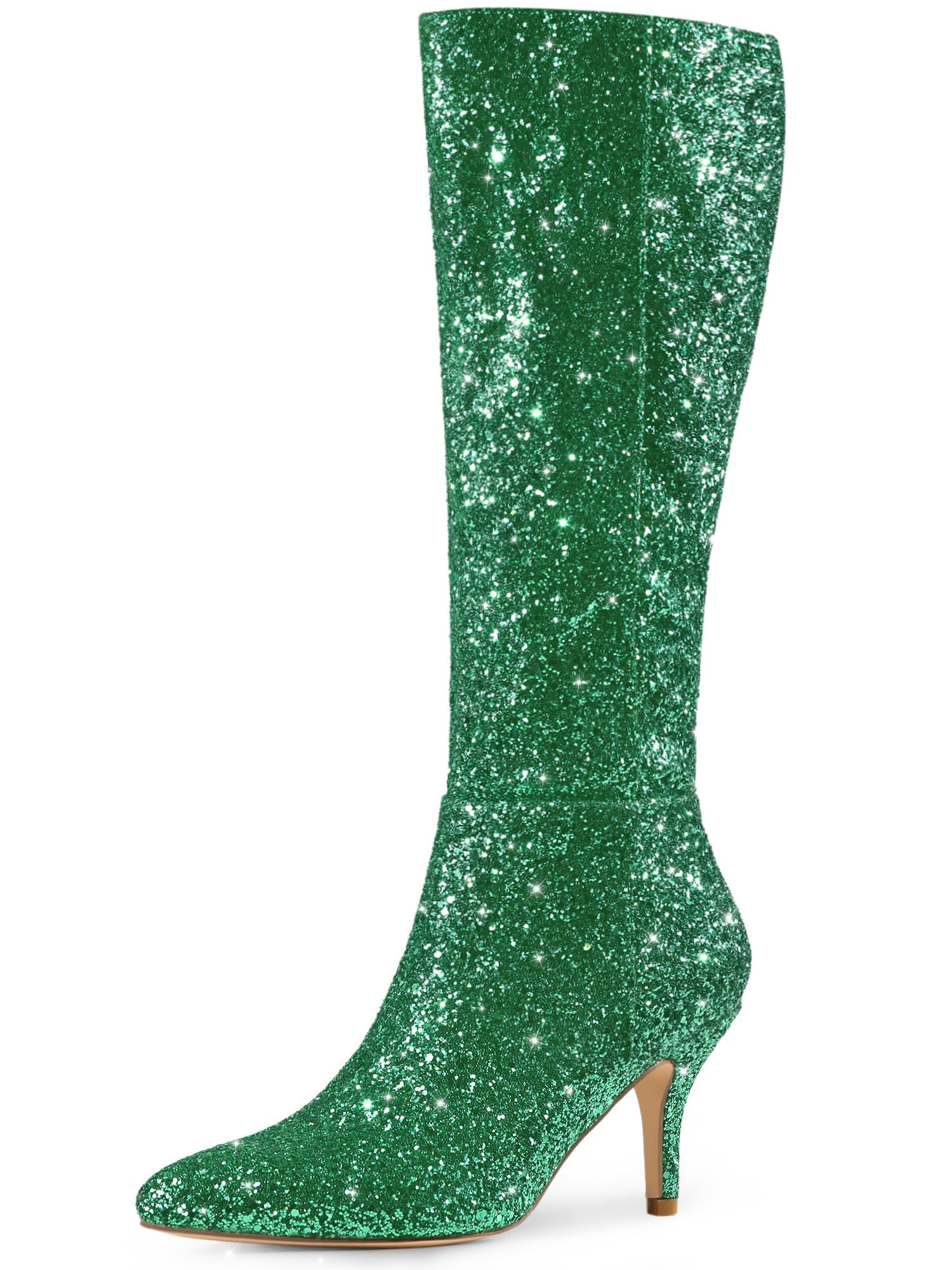 Women's Glitter Over The Knee Stiletto Boots - Green Sparkle, Pointed Toe, Side Zipper, Size 10 - View #7