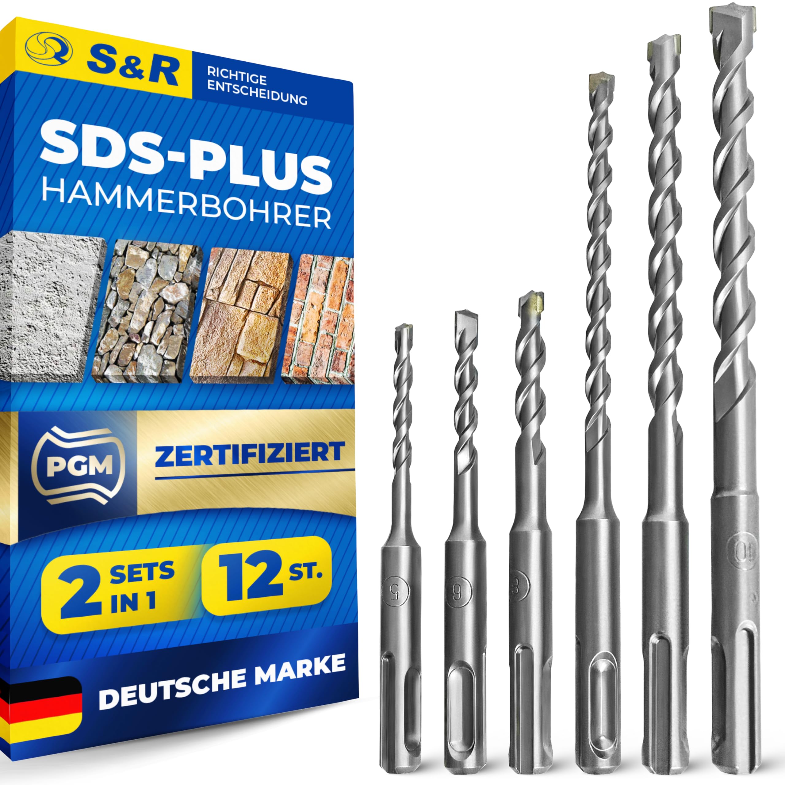 S&R Hammerbohrer, Steinbohrer/Betonbohrer, 12-teiliges SDS PLUS-Bohrer-Set für Bohrhammer, je 2 Stk 5, 6, 8 x 110 mm; 6, 8, 10 x 160 mm, Schlag-Bohrer für Beton, Granit und Stein, PGM kontrolliert