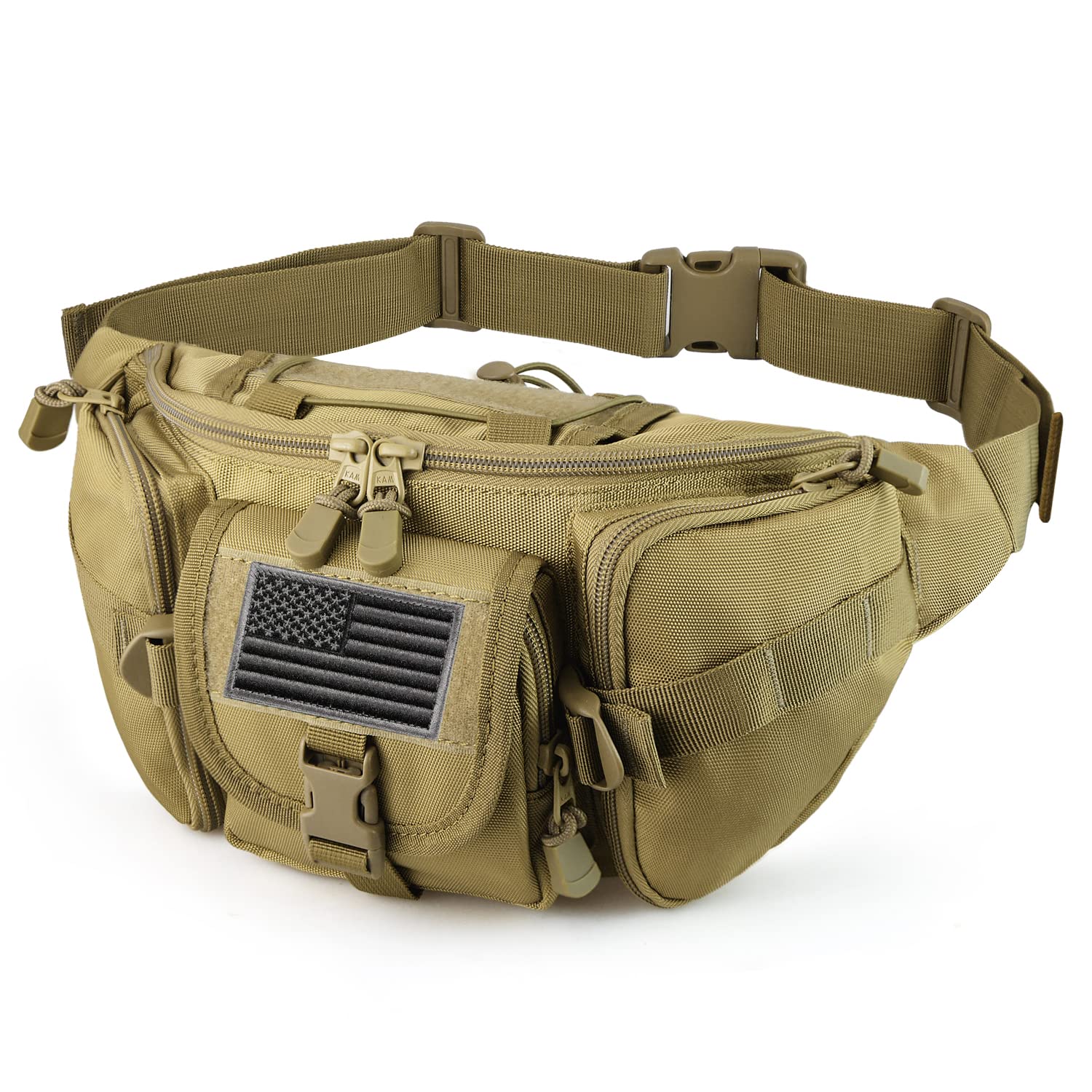 FRTKK Tactical Fanny Pack Military Waist Bag Pack with USA Flag Patch Utility Hip Pack with Adjustable Strap for Outdoors Fishing Cycling Camping