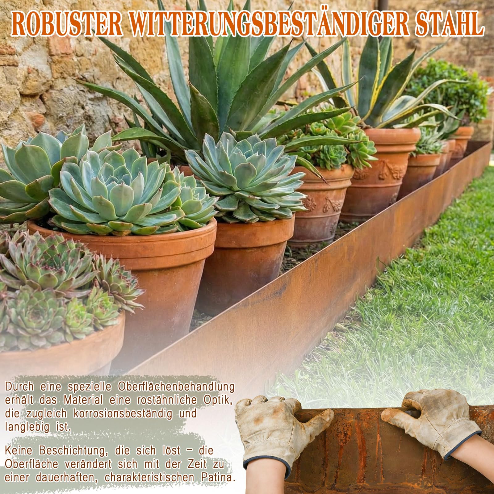 Rasenkante Metall 10 m x 15,5 cm Cortenstahl Beeteinfassung Beetumrandung Rostoptik Rasenkanten, Biegbare Rasenkante für Rasen, Beete, Kiesflächen und Wege (rostoptik 10 m)