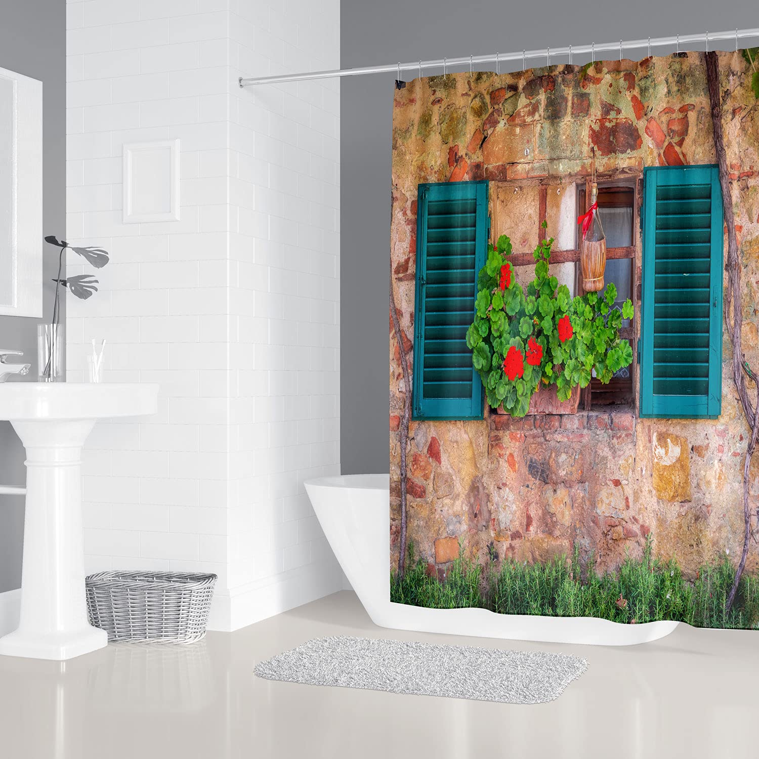 Tenda Doccia 3D 180x180 Cm Con Paesaggio In Pietra Blu E Finestra Retrò, Inclusi 12 Ganci