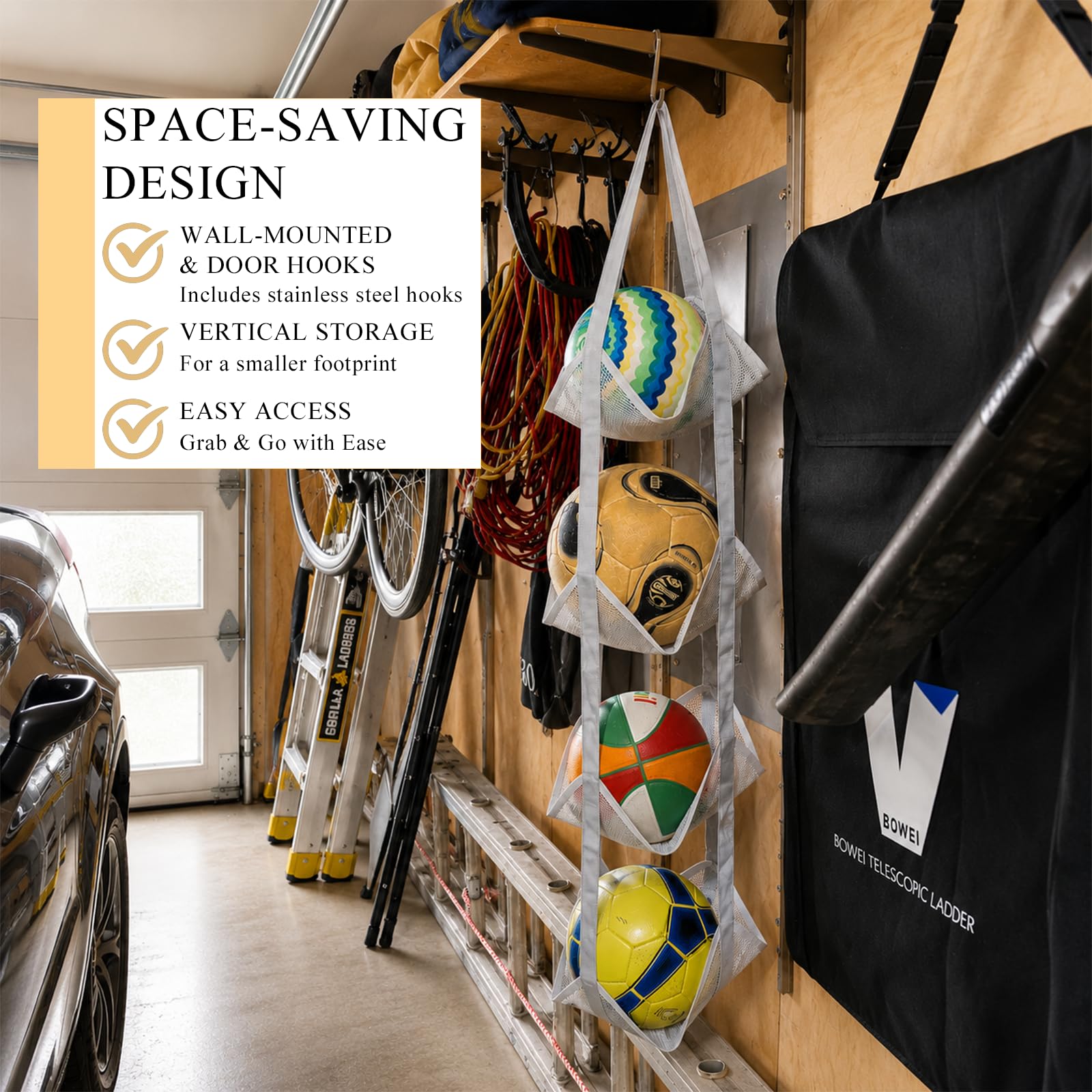 Organizador de Balones de Malla de 4 Niveles, Soporte Vertical para Balones para Puerta o Pared, para Baloncesto, Fútbol, Voleibol, Juguetes y Snacks, Ahorro de Espacio para Garaje, Hogar y Sótano