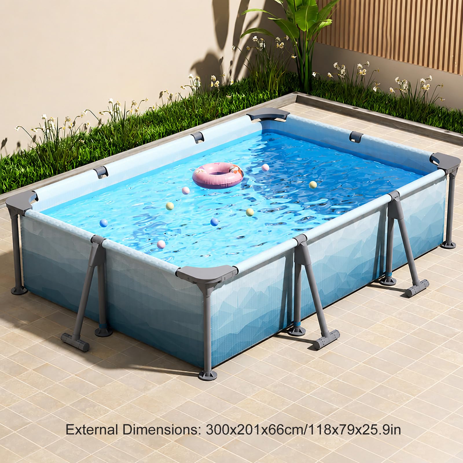Grande Piscina Fuori Terra Rettangolare con Telaio Rinforzato da Giardino | Supporto Triangolare Stabile, Ampio Spazio Familiare e Scarico Rapido(3m/118in)