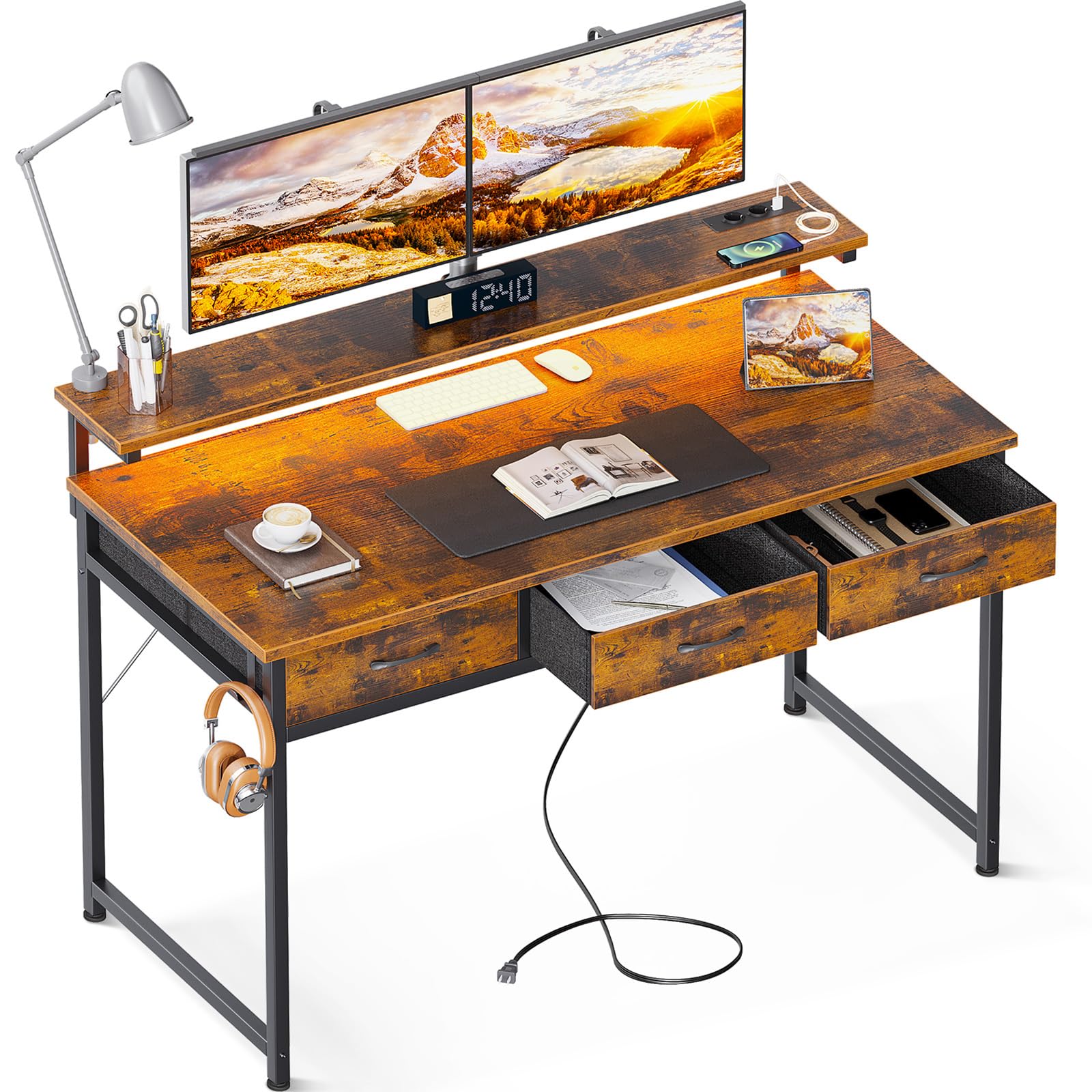 ODK Escritorio con 3 Cajones, Mesa Gaming con LED, Mesa de Escritorio con Tomas de Corriente y 2 Tomas de Carga USB, Mesa de Ordenador con Soporte de Pantalla para Dormitorio (Marrón, 120x50x92.7cm)