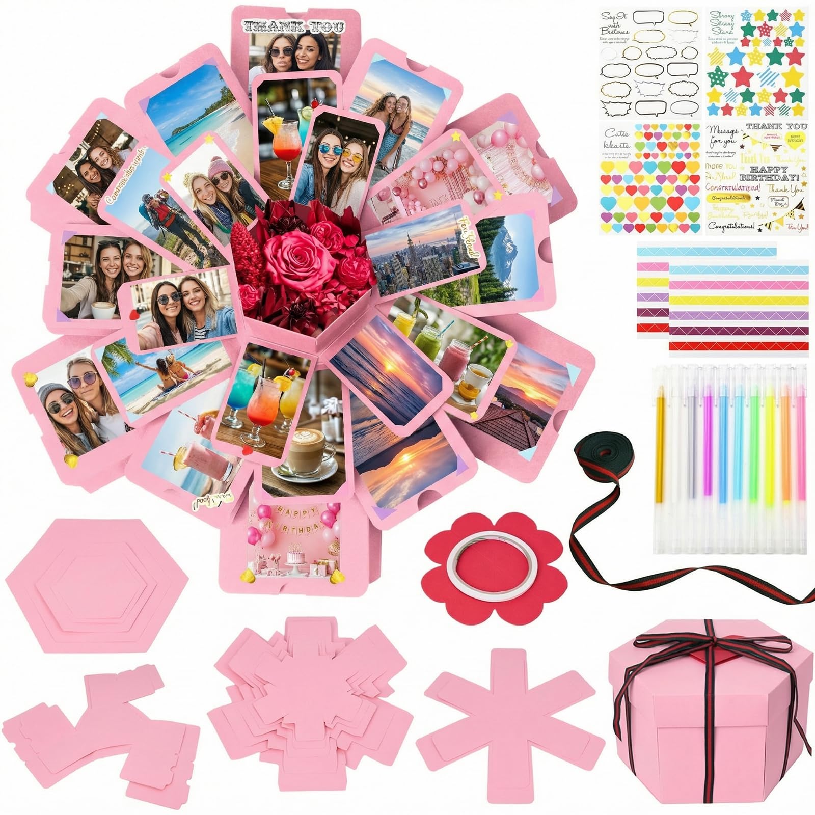 Explosion Gift Box, Pink Explosion Gift Box Set with Scrapbooking Accessories Creative Photo Album Gifts for Anniversary Valentine Wedding