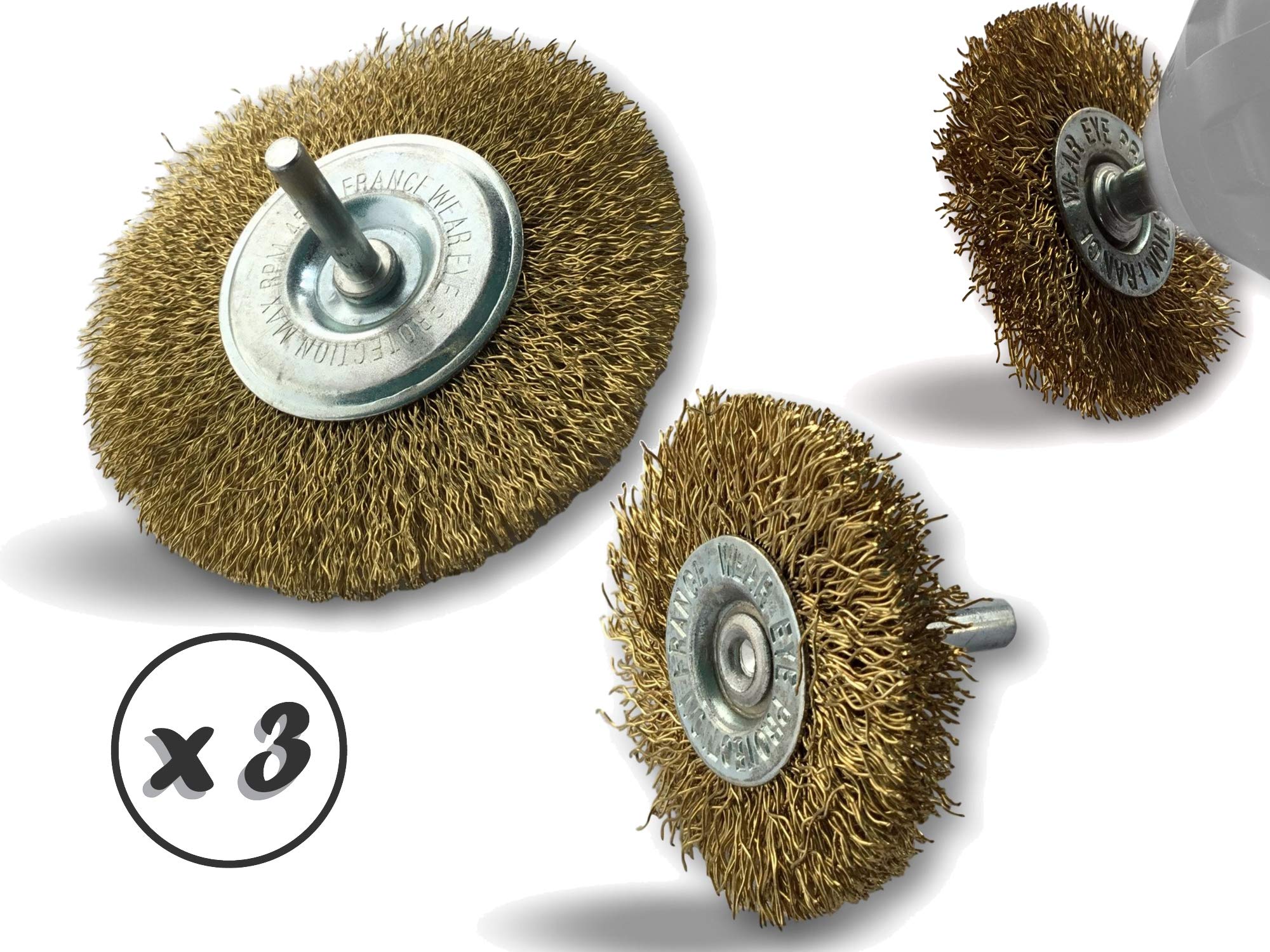 Zestaw 3 metalowych okrągłych szczotek obrotowych Ø 50-75-100 mm | Zestaw 3 | Na pręcie Ø 6 mm | Sznurek mosiężnych Ø 0,30 mm twarde | Do wiertarek lub wkrętarek do trzpienia | Kibros 26xxLT8x3divx3