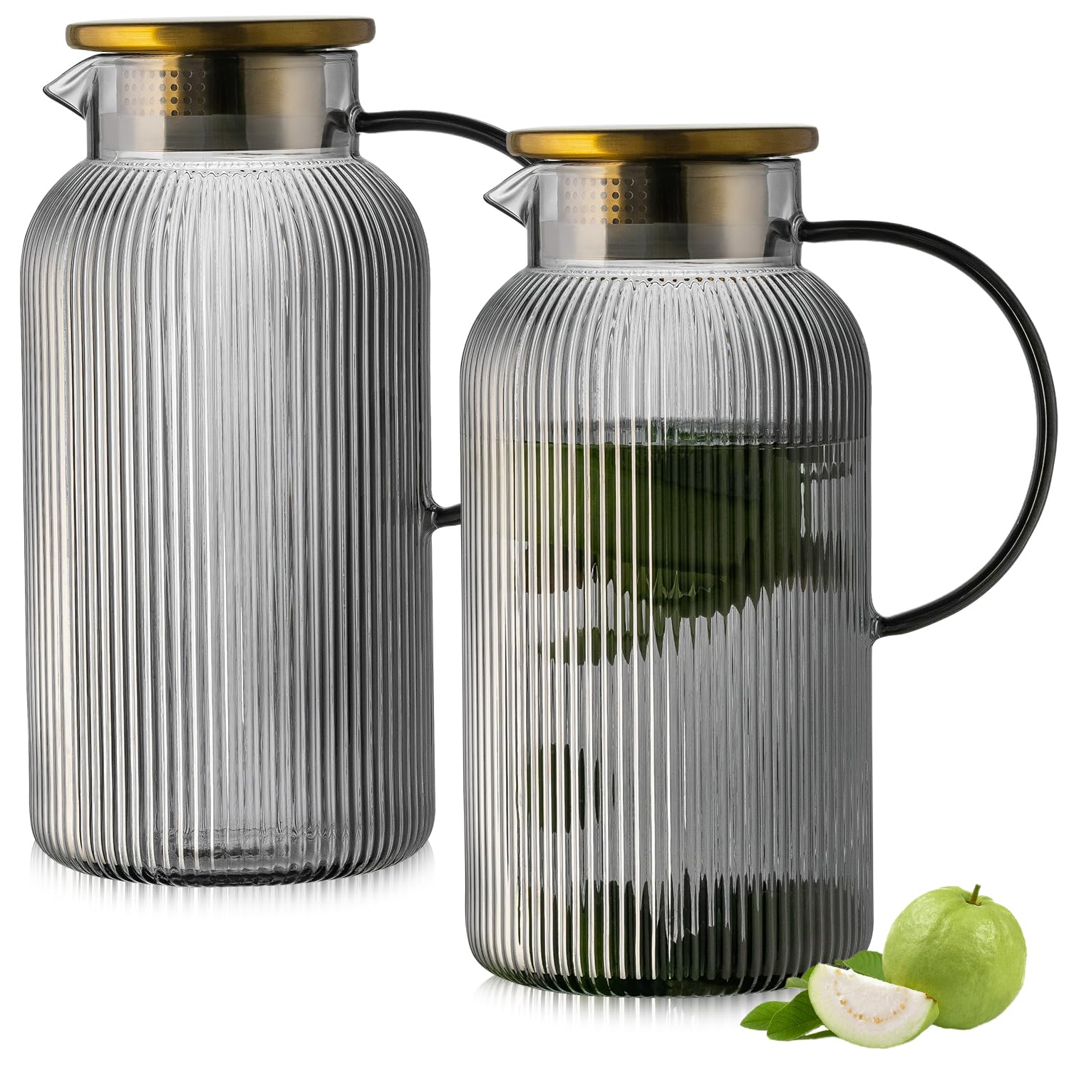 Buaic Glaskrug mit Deckel, 2 Liter, grau, klassische vertikale Streifen, Wasserkaraffe für kaltgebrühte Getränke, Kaffee, Limonade, Eistee, Getränke, hitzebeständig, Wasserglas-Krug