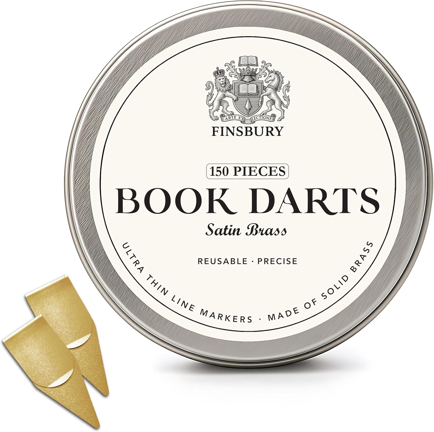 Gold Book Darts Line Markers with Protective Tin - Precision Mini Book Mark Page Markers for Reading and Study - Reusable & Archival Quality (Brass, 150)