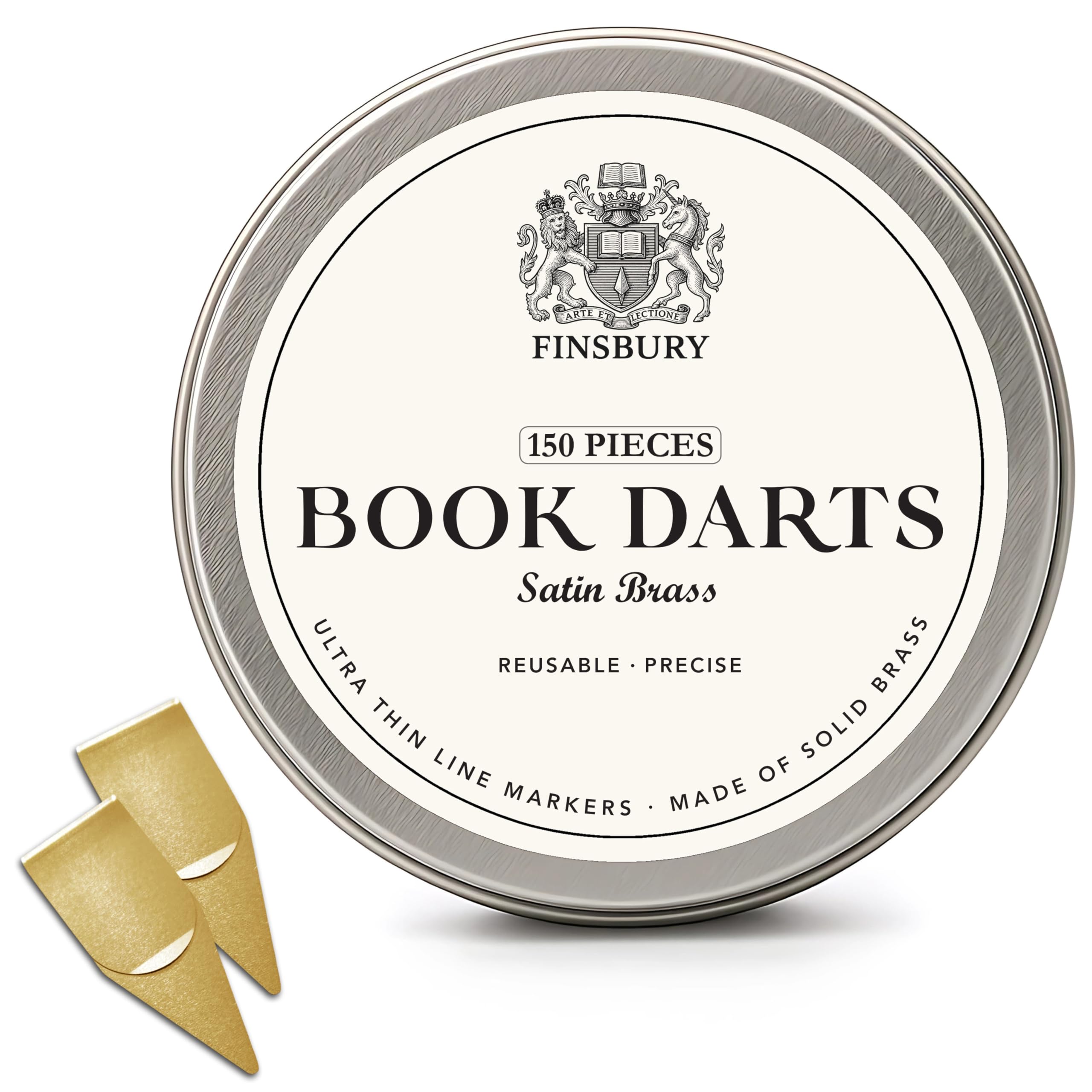 Finsbury Book Darts Line Markers with Protective Tin - Precision Mini Book Mark Page Markers for Reading and Study - Reusable & Archival Quality (Brass, 150)