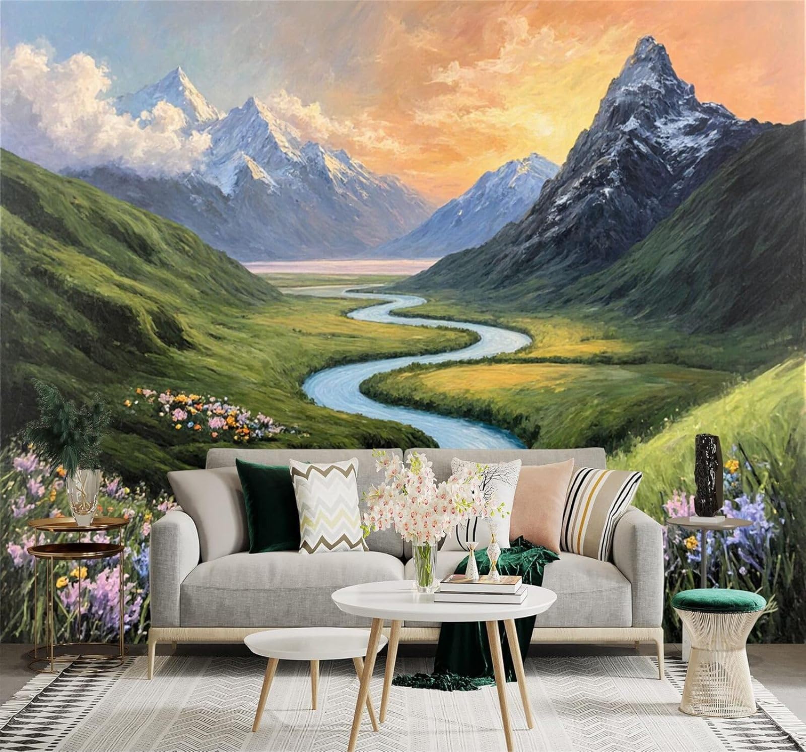 XLMING River Valley Colourful Flowers Snow Capped Mountains Sunset Sky 3D Wallpaper Silky Texture Home Study Office Grey Dining Room Sofa Bedroom Living Room TV Backdrop-400cm×280cm
