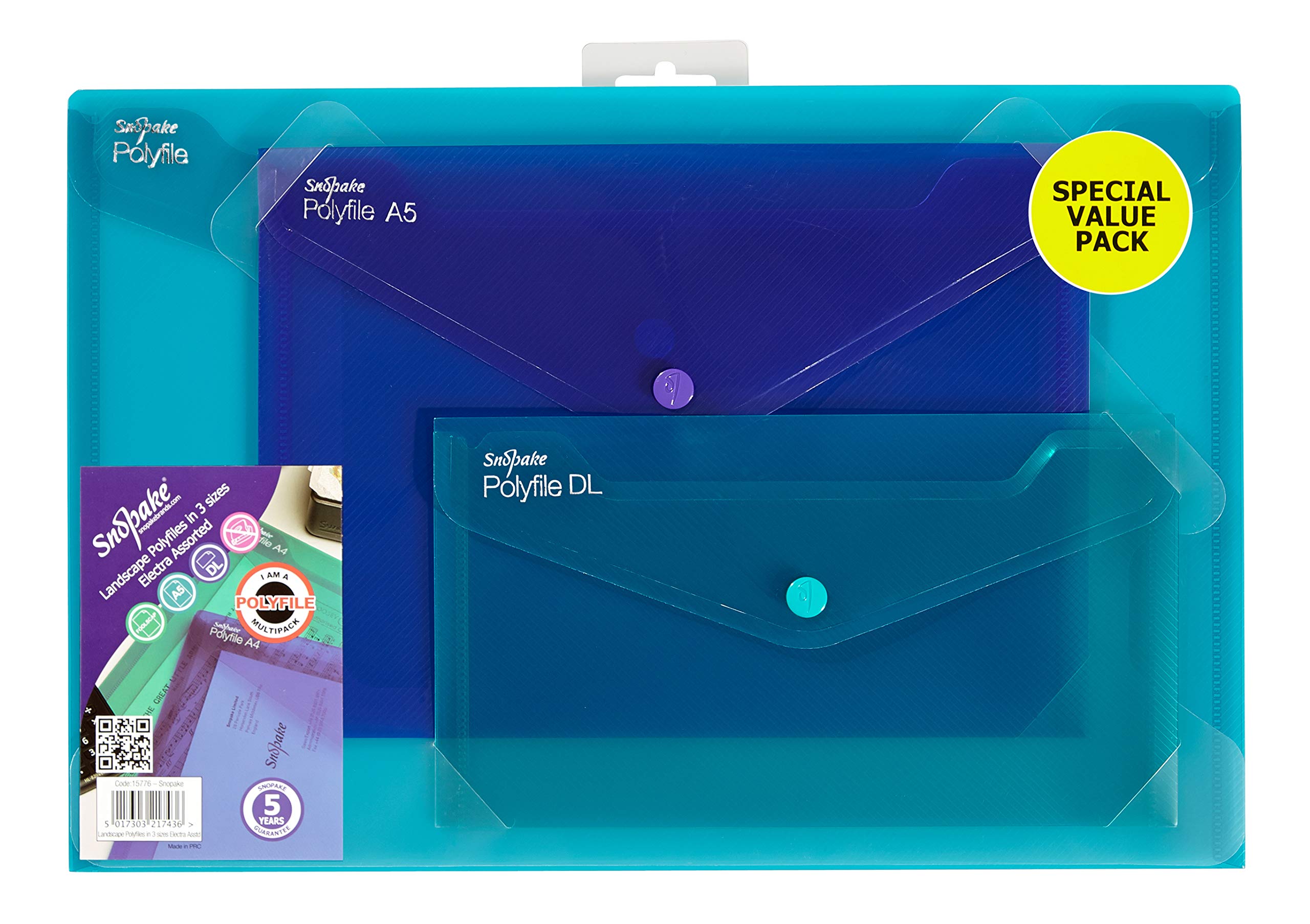 Snopake Landscape Polyfile Electra Assorted Set [Pack of 3] Popper/Document Wallet with Press Stud Closure [15776]