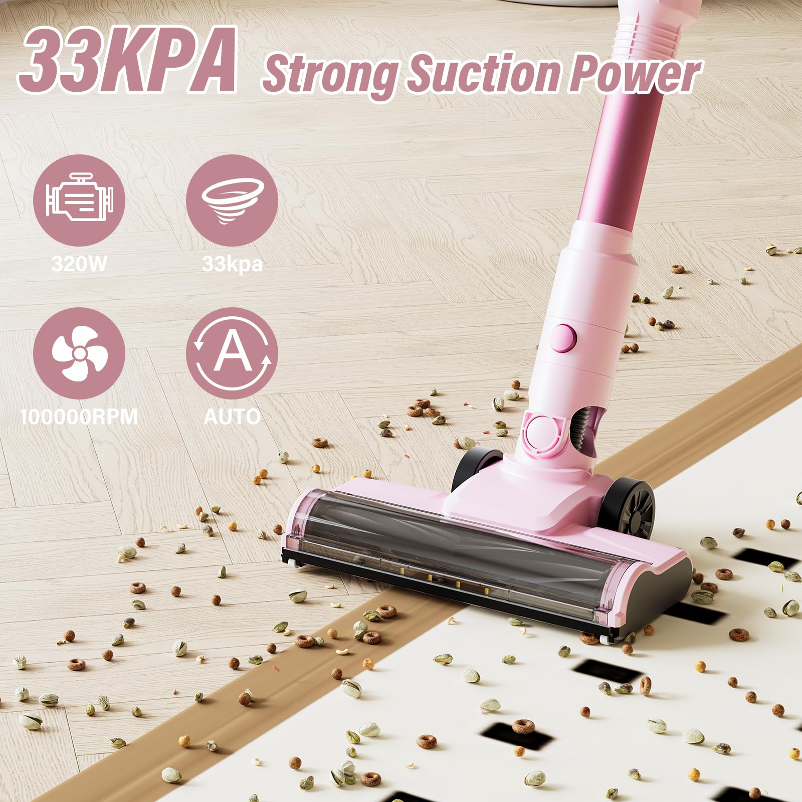 Stanew Aspirapolvere Senza Fili Potente 320W/40 Min/33000Pa, Rosa Scopa Elettrica Senza Fili, Pieghevole a 180°, Filtrazione HEPA, LED, per Peli di Animali, Tappeti, Auto, Pavimenti Dure, Divani