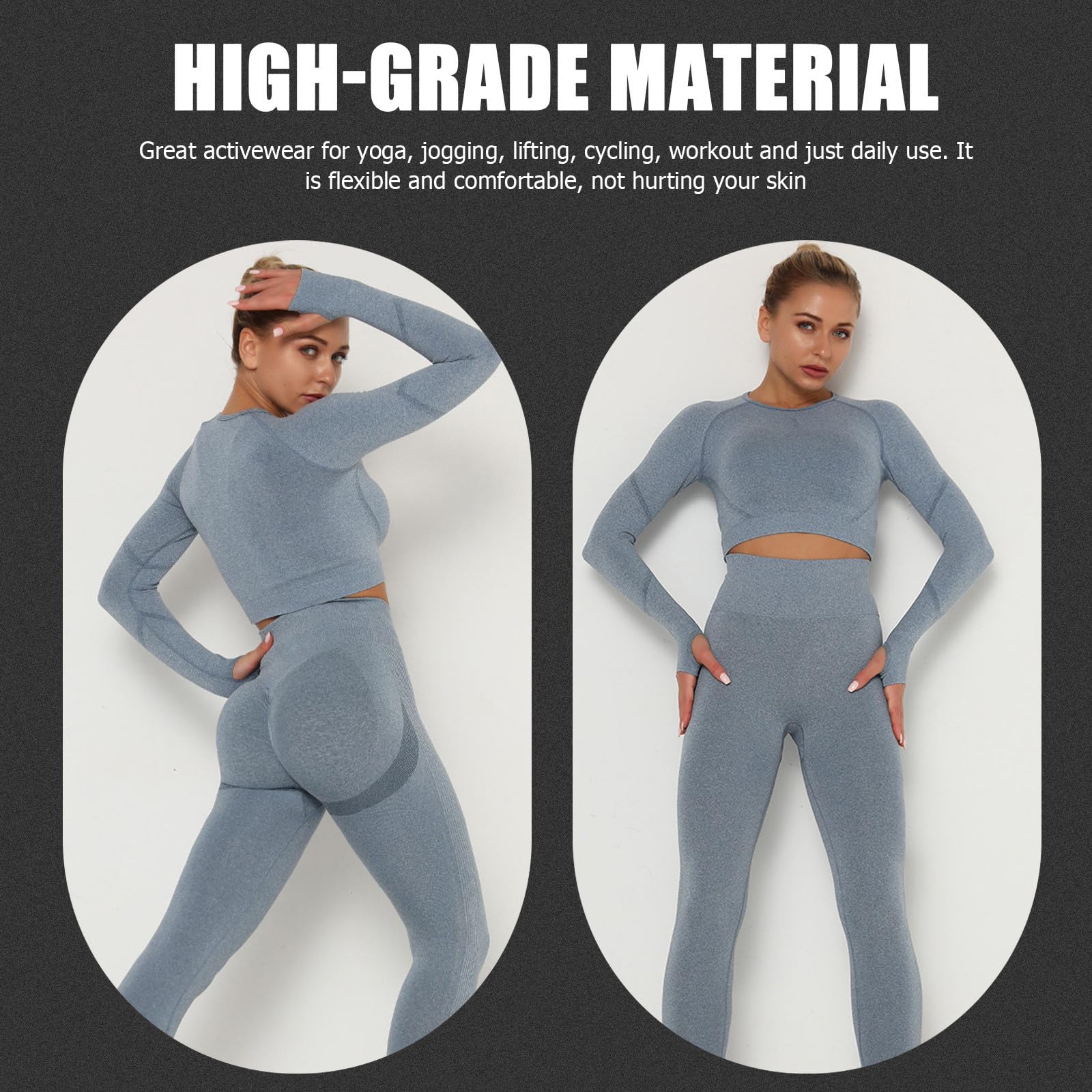 VILLCASE Completo Yoga Donna Senza Cuciture, Set Abbigliamento Fitness a Vita Alta, Maniche Lunghe, Blu, per Appassionate di Yoga, Fitness e Uso Quotidiano