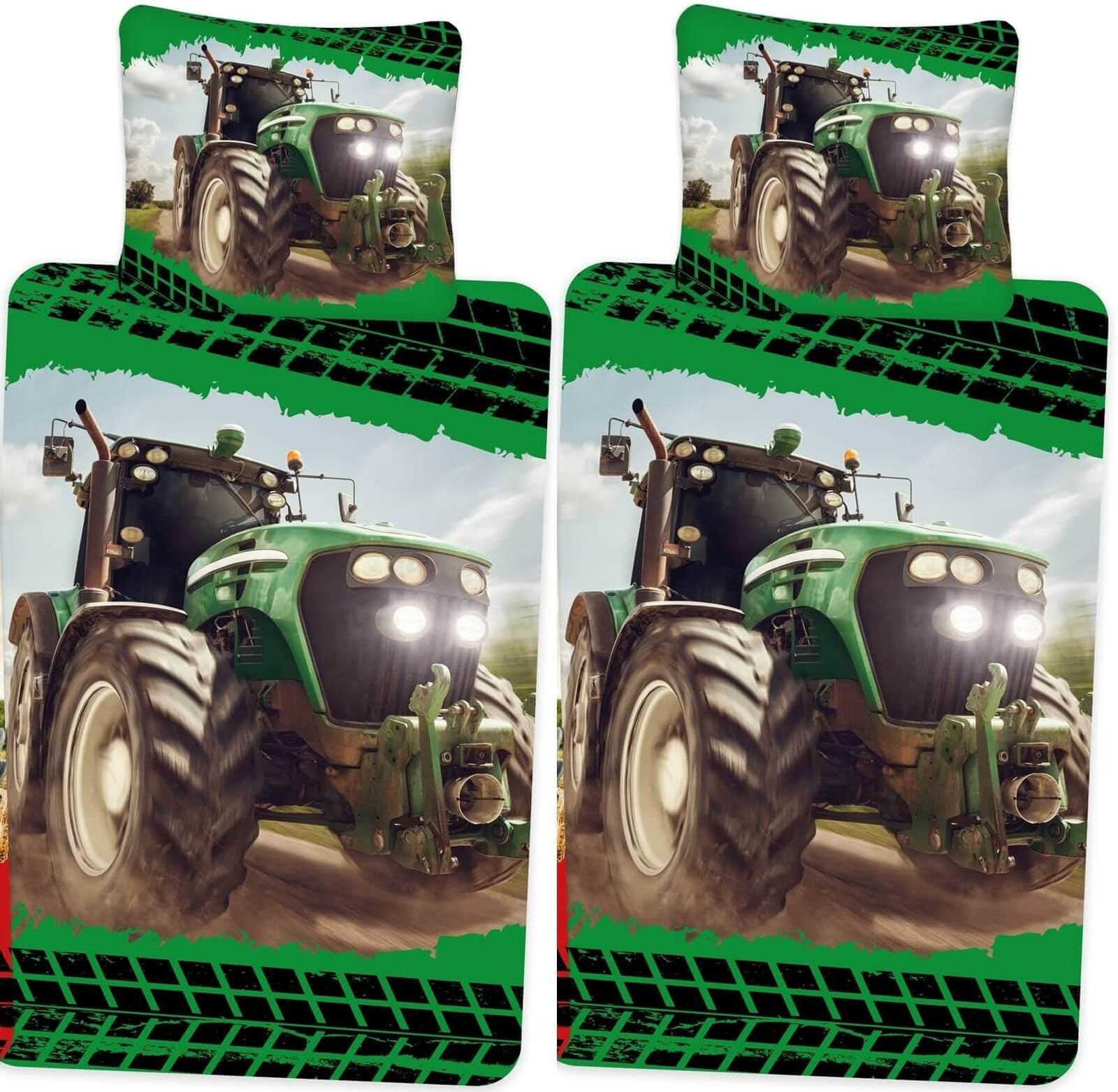 Traktor Partner-Bettwäsche mit Wendemotiv für 2 Personen Doppelbett Trecker Bettbezug 135x200 Kissenbezug 80x80 Baumwolle