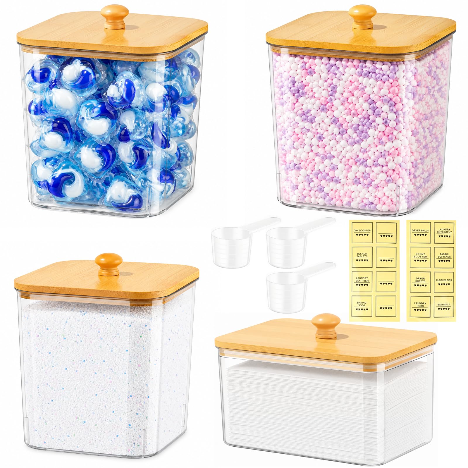 Hossejoy 4 Pack Laundry Storage Set - PET Containers with Bamboo Wooden Lids, 3 Scoops & 2 Labels - Clear Laundry Organizers for Pods, Powder, Scent Boosters