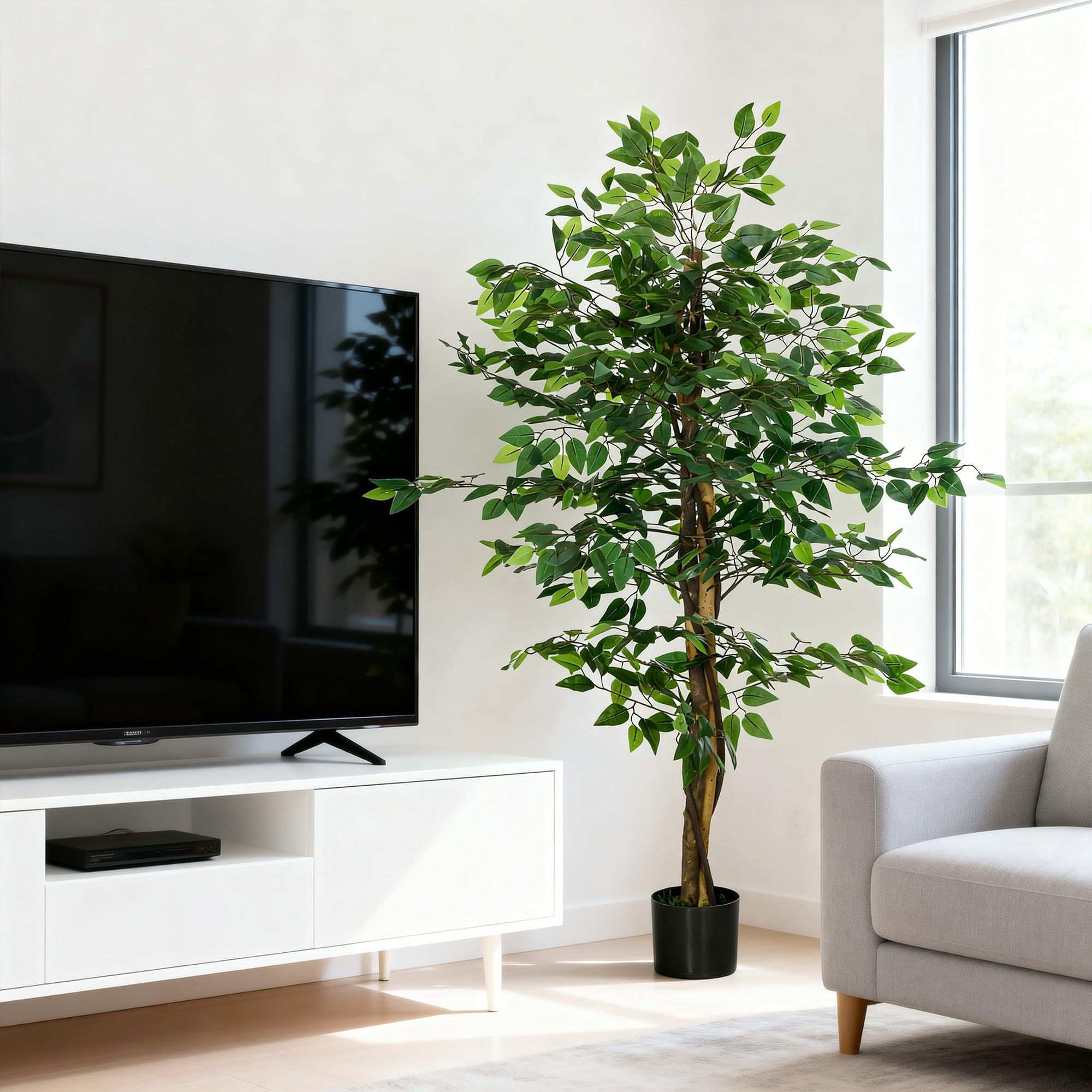 HOMCOM Plante Artificielle Arbre Artificiel ficus Hauteur 1,50 m Tronc Branches Liane Lichen Feuilles Grand réalisme Pot Inclus, intérieur, Vert