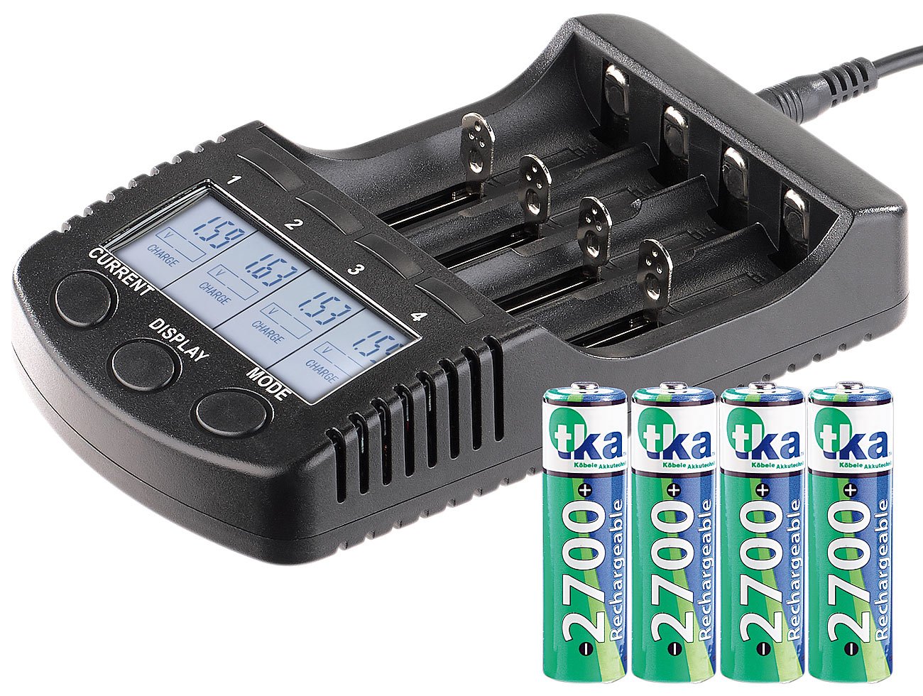 Chargeur rapide haute performance avec écran et 4 accus NiMH type AA [tka Köbele Akkutechnik]