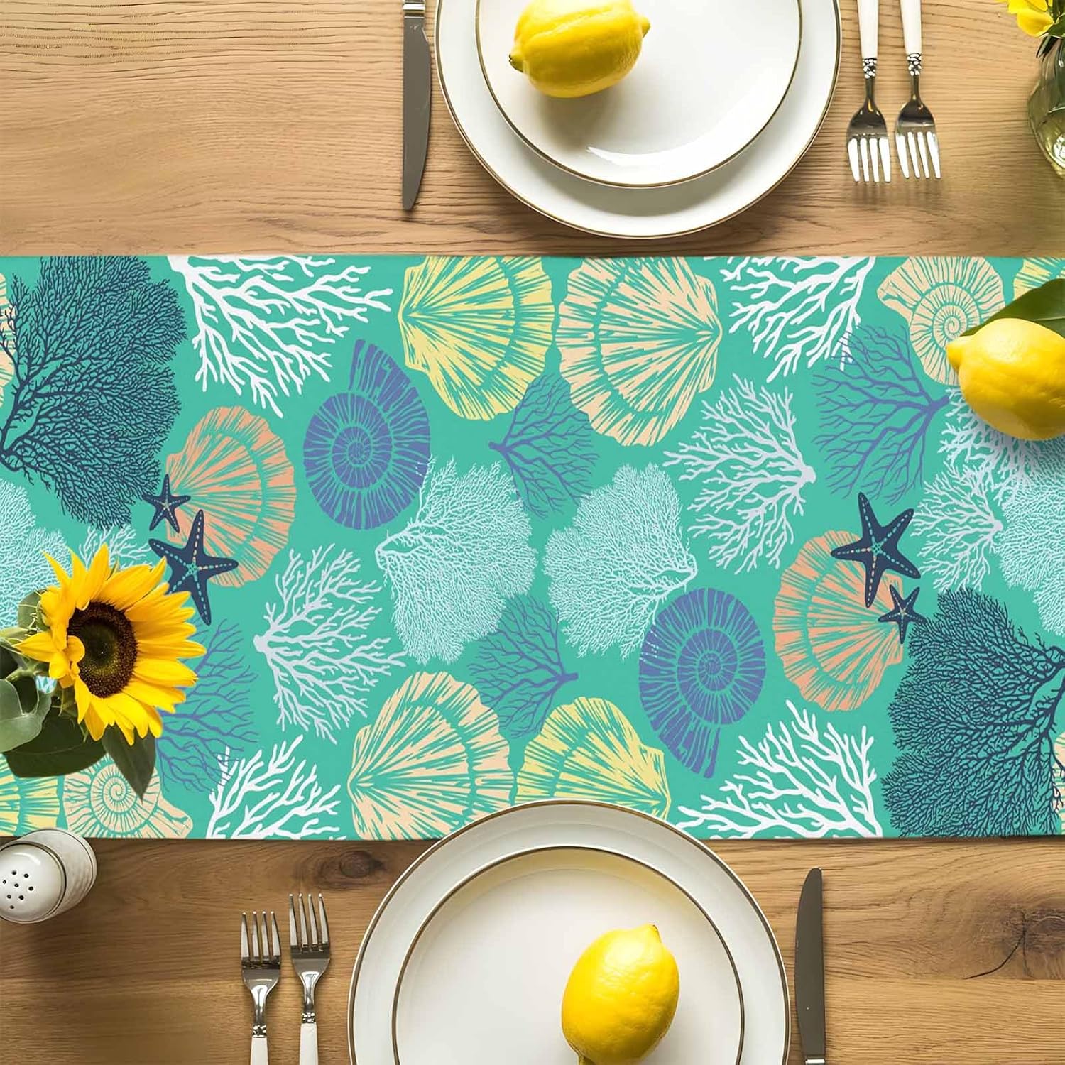 Nautical Coastal Table Runners Ocean Beach Coral Table Runners for Dining Room Starfish Teal Dinner Runner Kitchen Parties Patio Decor, 13x90 Inch