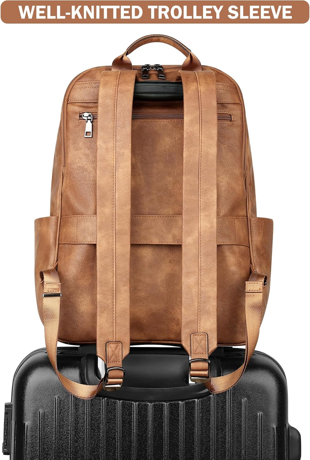 MASINTOR 15.6 inch Leather Laptop Backpack Purse for Women, Designer Travel and Work Bag with Laptop Compartment Mocha Brown - Image 7