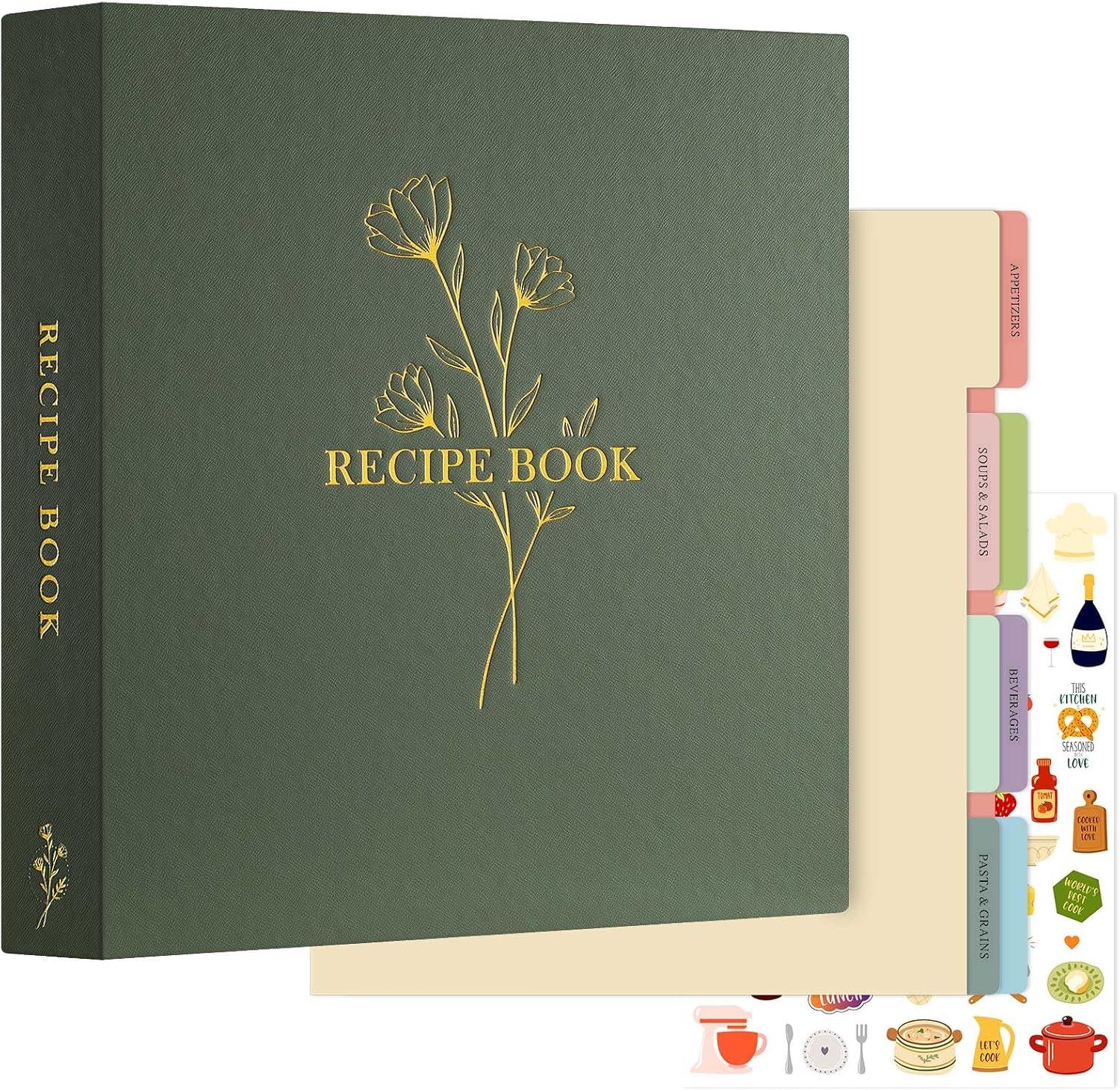 Lanpn Recipe Binder - 8.5x11, Waterproof, 60 Sleeves, 8 Dividers, 116 Family Recipes, Labels & Stickers, Green