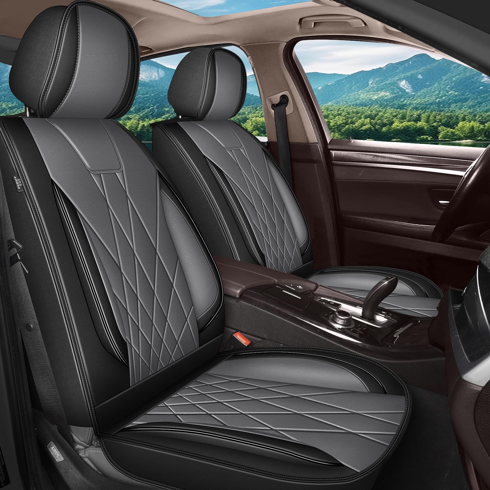 Full Set Car Seat Covers, 5 Seats Fuax Leather Seat Covers for Kia Seltos 2021-2025 (5 Seats Full Set, Black & Grey)