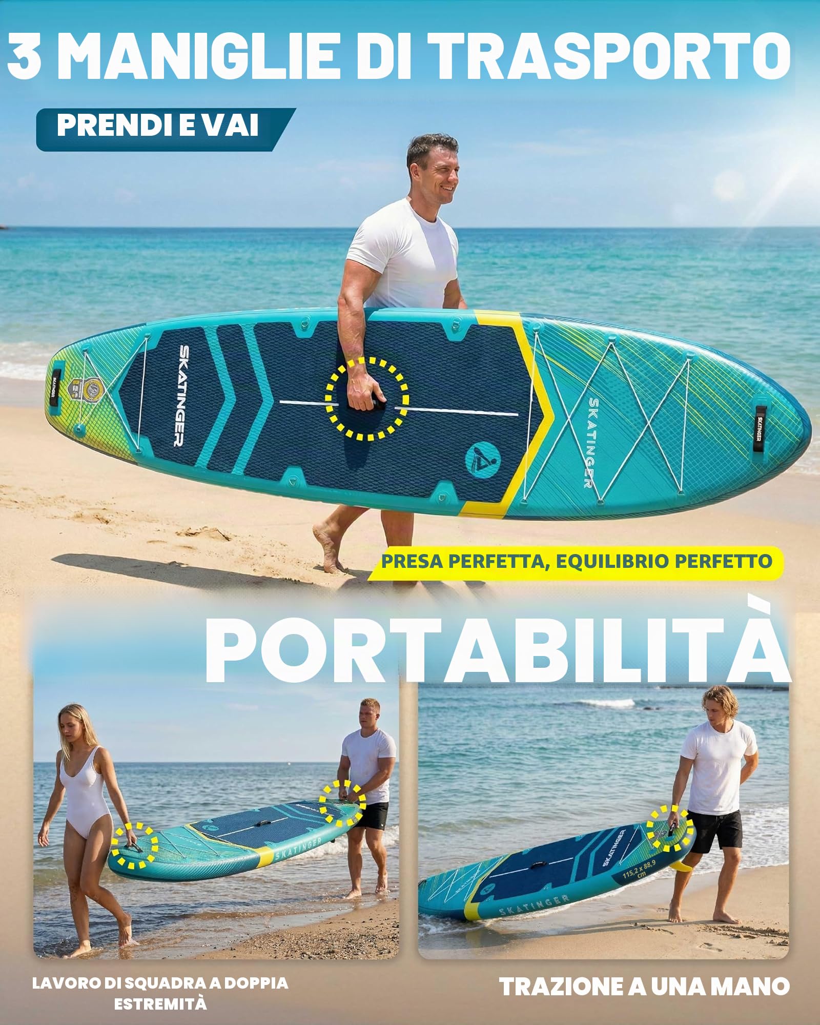 Skatinger Tavole gonfiabili per stand up paddle, 28 x 86 x 15,2 cm, tavola da SUP gonfiabile, tavola da yoga con zaino 1600D, 6 anelli a D extra, tracolla, pinna centrale degli Stati Uniti, pompa a 2