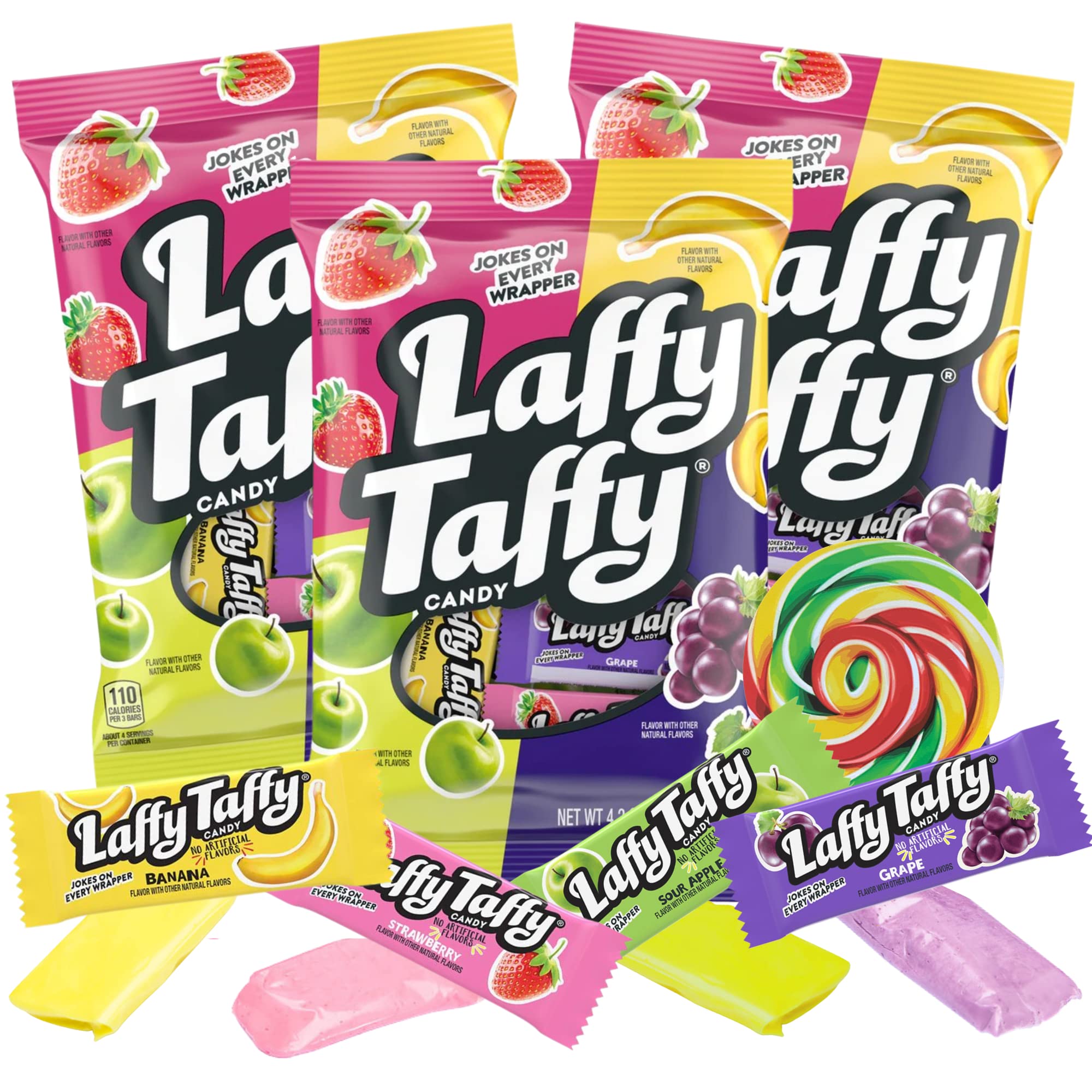 Laffy Taffy Flavor Assortment Bag Shareable Candy, Banana, Strawberry, Green Apple, and Grape Flavored Individually Wrapped Chewy Candies, Pack of 3