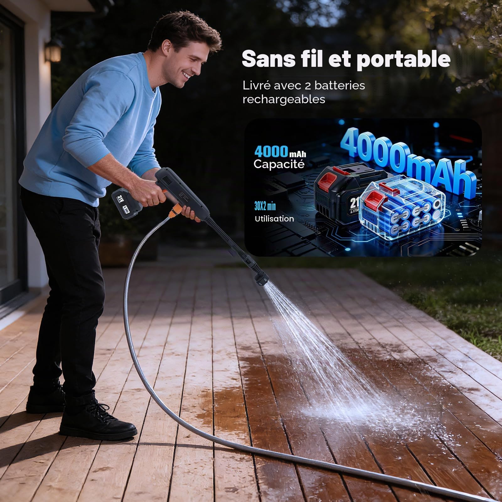 Nettoyeur Haute Pression sans Fil, 69 Bars, Portable, avec 2 Batteries de 4000 mAh, buse réglable 6 en 1, Nettoyage Ultra-Puissant, Tuyau de 7 mètres pour Le Nettoyage de la Voiture et du Jardin