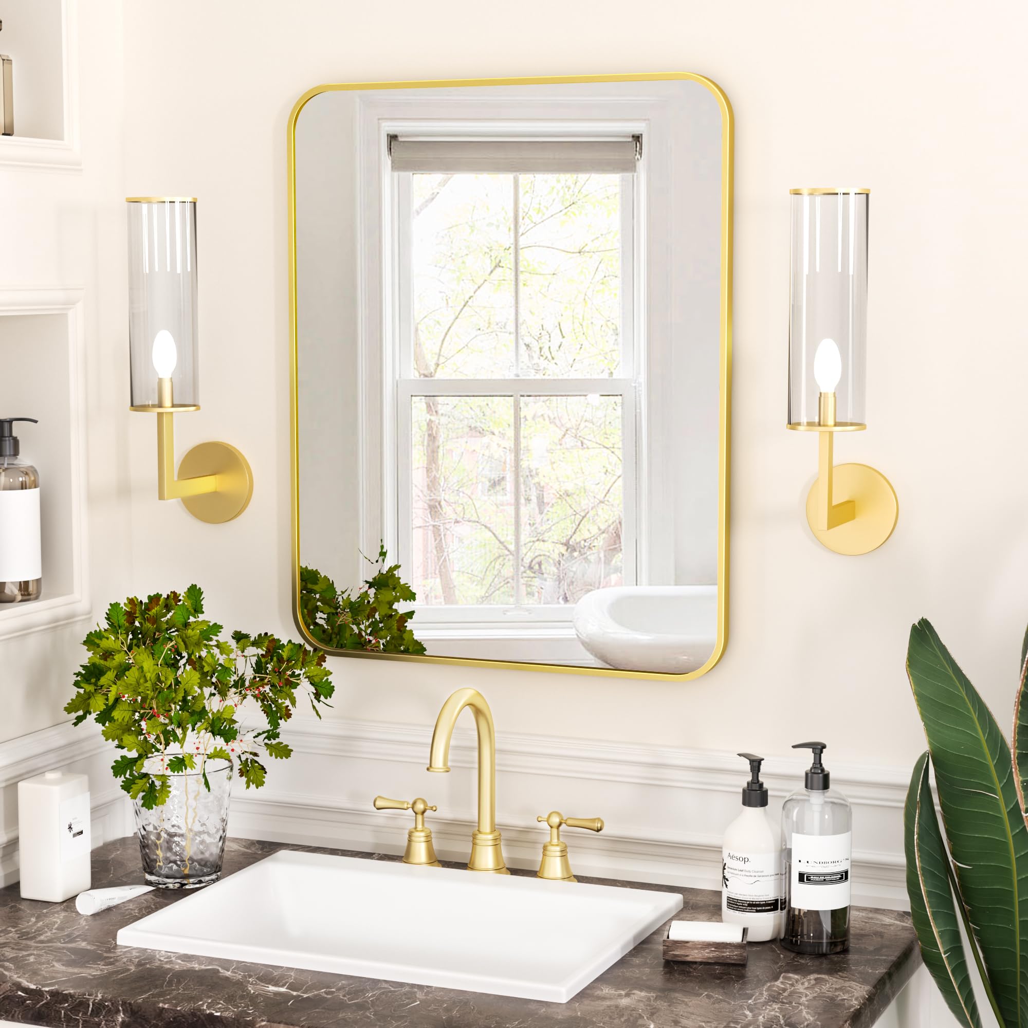 Rounded Bathroom Mirror, 24" x 16" Rectangular Wall Mirror, Aluminum Alloy Frame Contemporary Hanging Mirror for Living Room Bedroom Bathroom Entryway, Gold