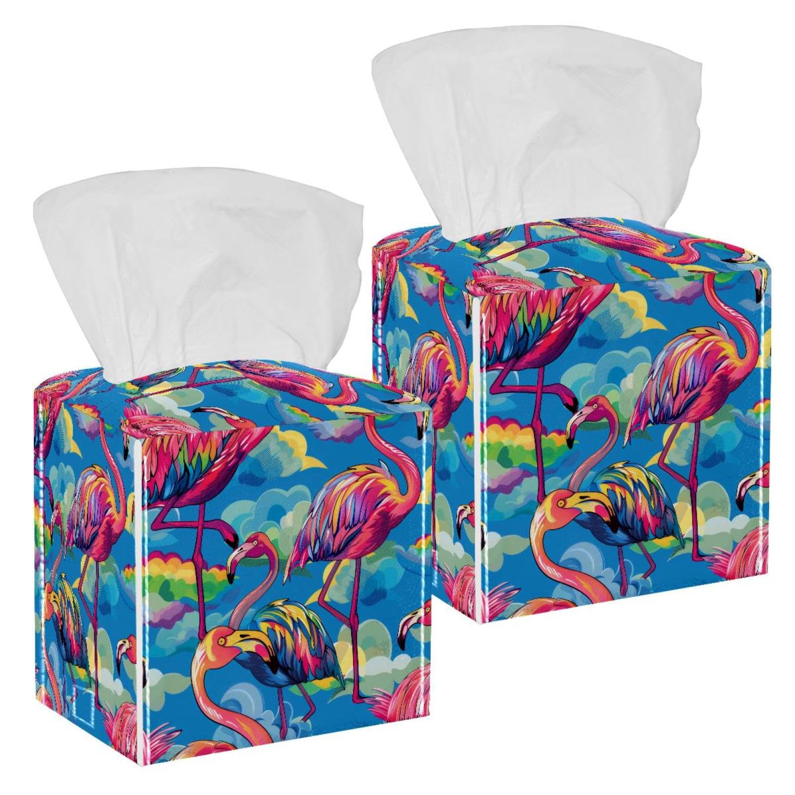 Flamingos Tissue Box Cover, 2 Pack PU Leather Square Facial Tissue Dispenser Box holder for Home Office Car