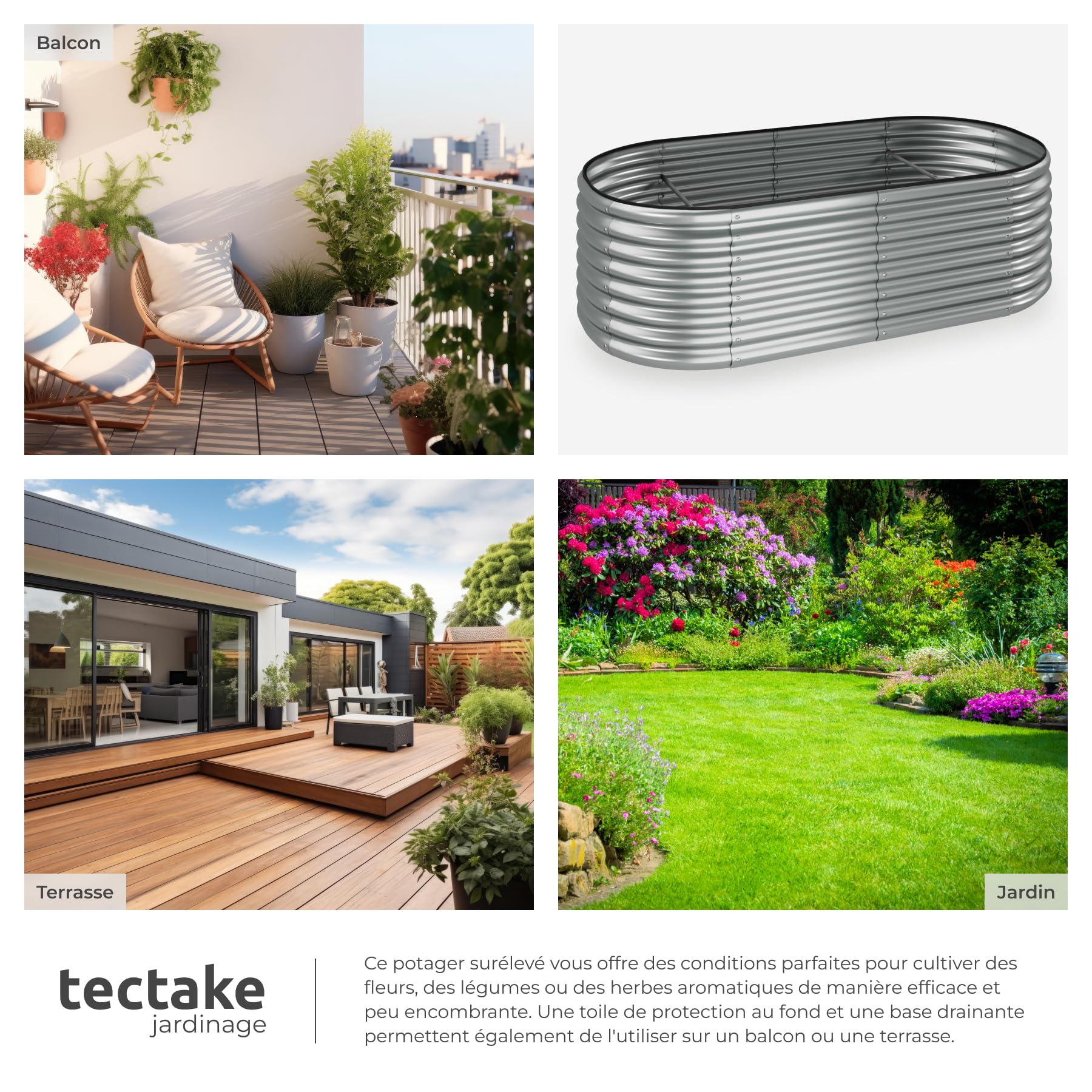 tectake® Lit de Jardin Carré Potager de Jardin surélevé, Bac à semis Jardiniere en Acier galvanisé résistant à la Rouille Serre de Jardin Jardiniere Exterieur Grande Taille 200x100x60 cm