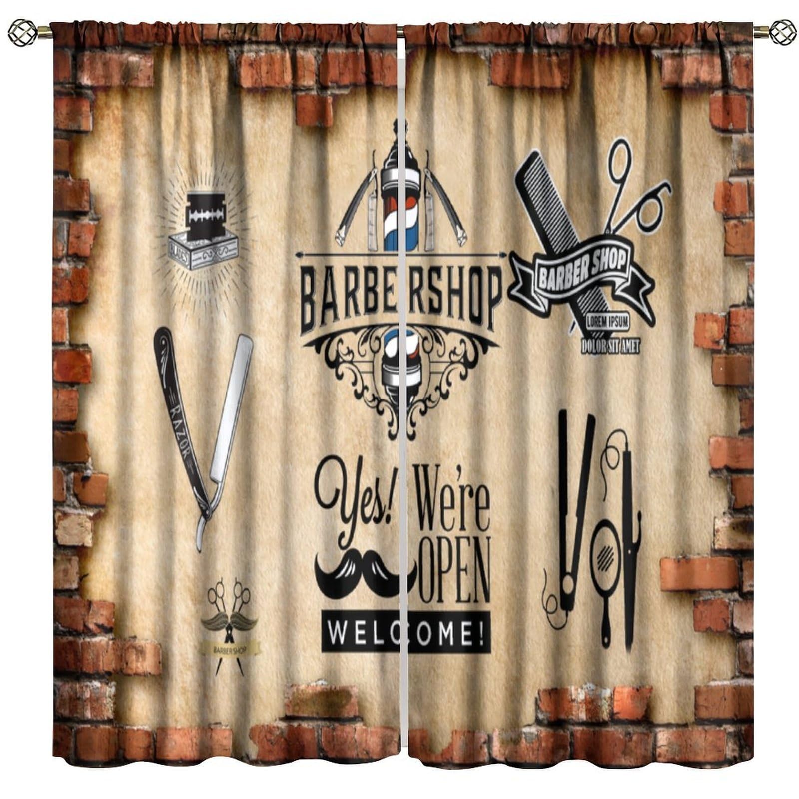 BenYaSong Barber Blackout Window Curtains Wallpaper Showing Barber Tools for Home Kitchen Livingroom Coffee Room Window Drapes 2Panel 52" W X 84" L