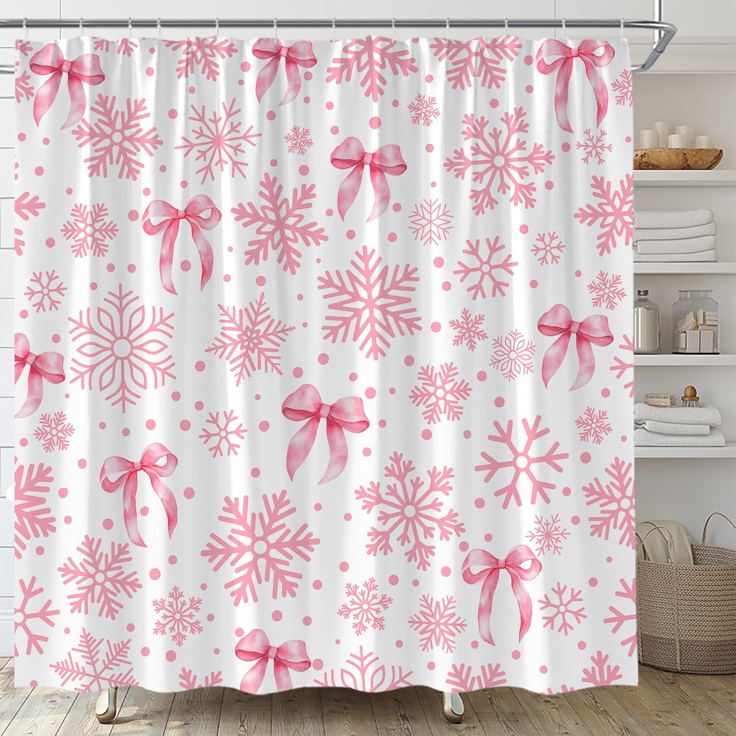 Snowflake Bow Shower Curtain Pink Christmas Winter Holiday Cute Girly Aesthetic Polyester Fabric Bathroom Decor Set with Hooks(70" Wx84 H)