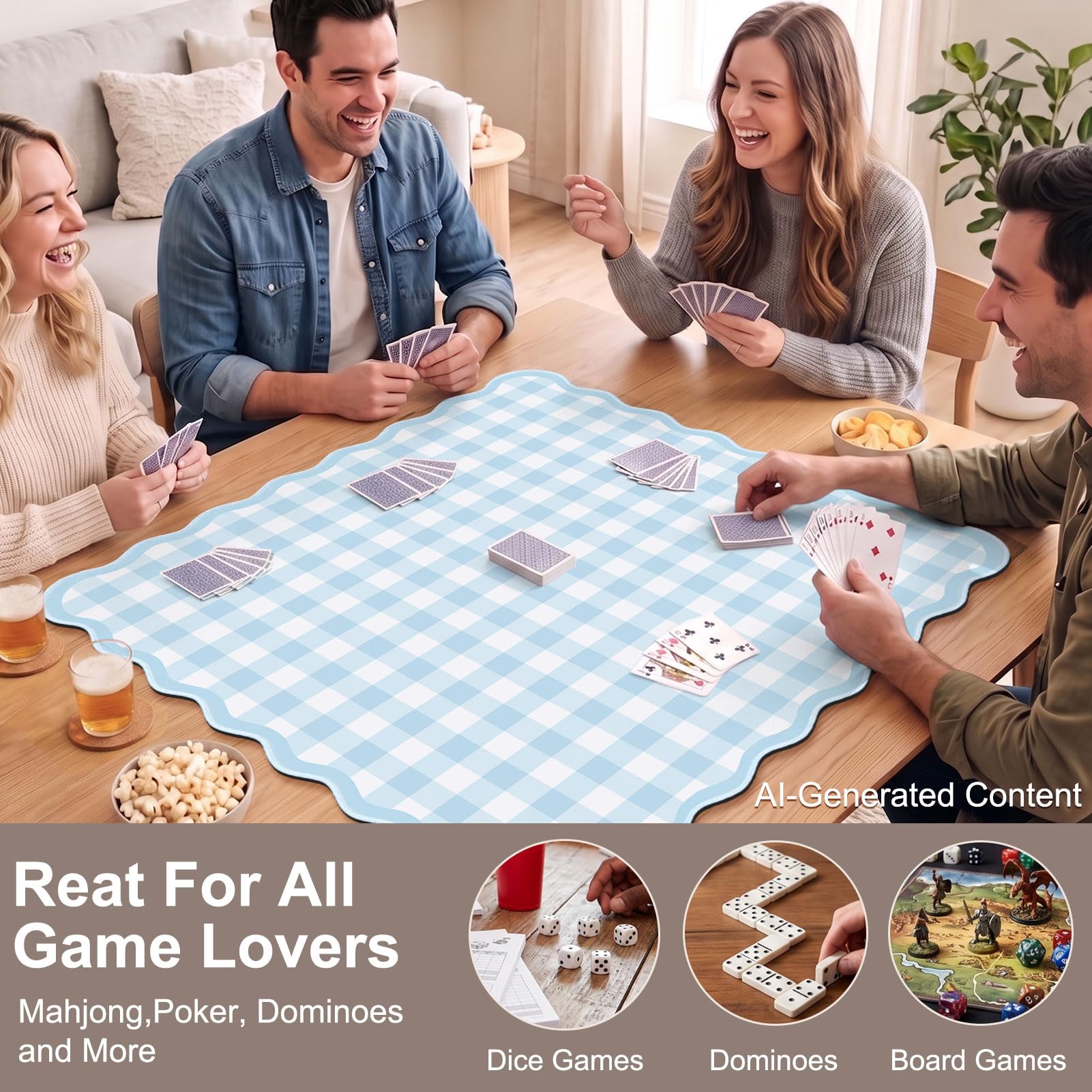 Tapis de mahjong festonné vichy 80 cm, antidérapant et antibruit pour table, tapis de jeu portable avec sac de transport pour mahjong américain, poker et dominos, bleu clair à carreaux