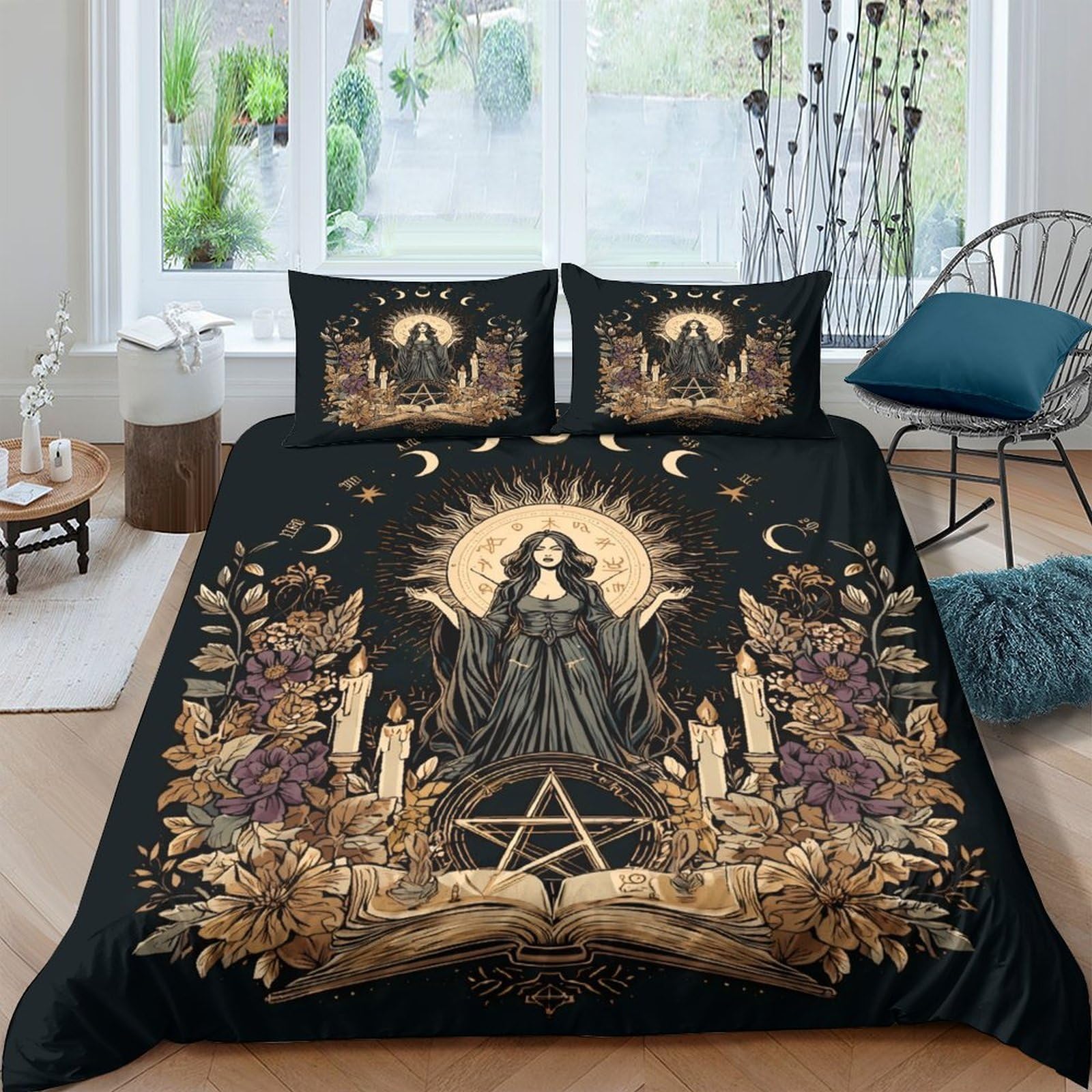 GPLZQXKJNH 3D Printed Gothic Witch Duvet Cover Set Microfiber Soft Black Gold Moon Magic Bedding Set with 2 Pillowcases for Bedroom Decor Single（135x200cm）