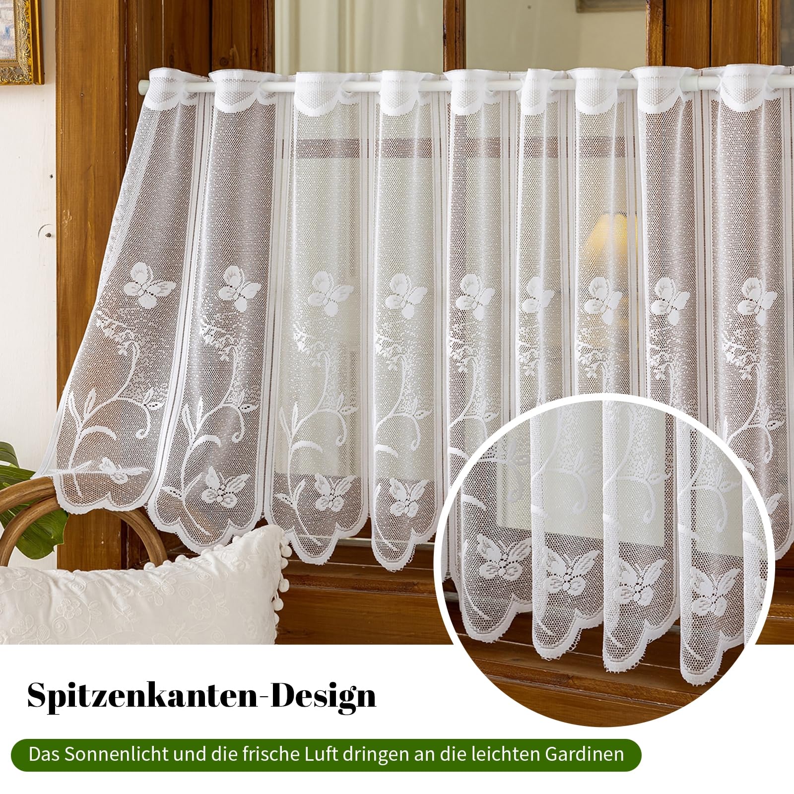 1er Pack Halbtransparent Besticke Weiß Blumen Schmetterling Scheibengardine Küchen Vorhang Tür Gardine HxB 60x180cm