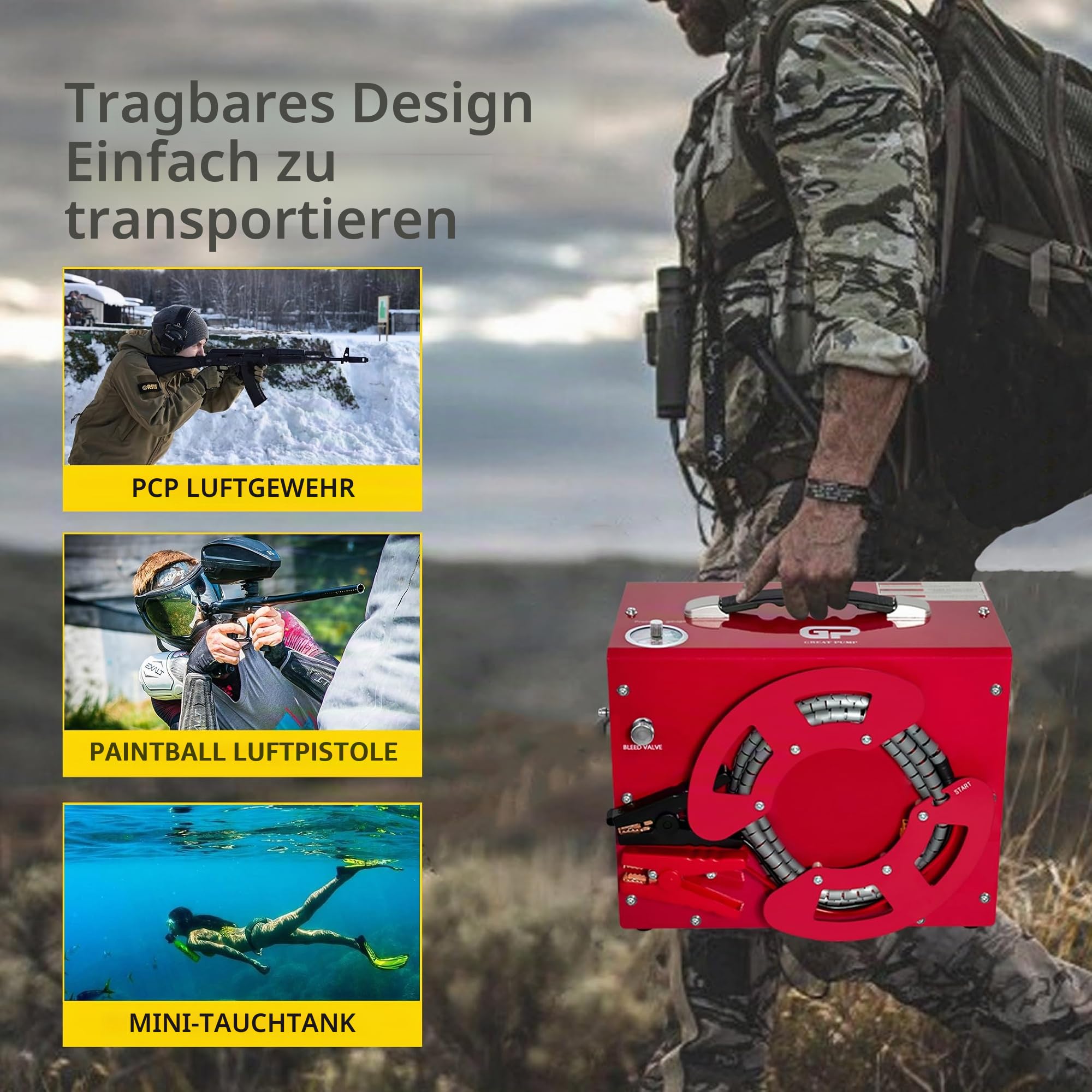 TUXING 4500Psi PCP-Luftkompressor, eingebauter Konverter/Wasser-Öl-Filter, Auto-Stopp, einzigartiges vertikales + tragbares Design mit Drahtspule, 220V Wechselstrom oder 12V Auto für Tauchflasche