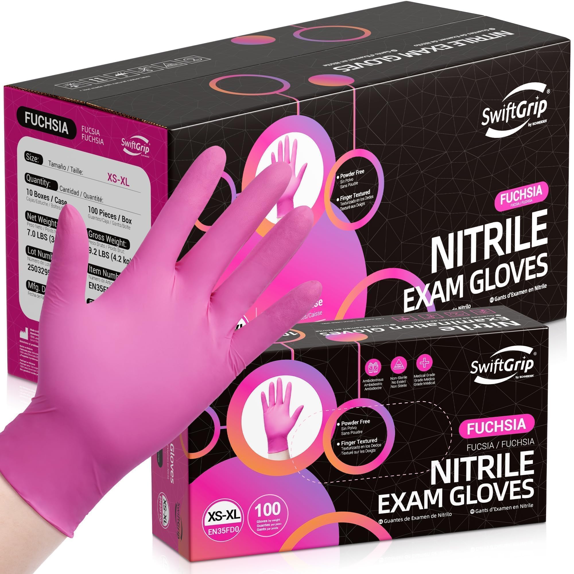 SwiftGrip Guantes de nitrilo sin polvo, XS, caja de 1000 (10 cajas) – 3 mil, desechables, sin látex, para cocina, limpieza, esteticistas, peluquero – rosa/fucsia