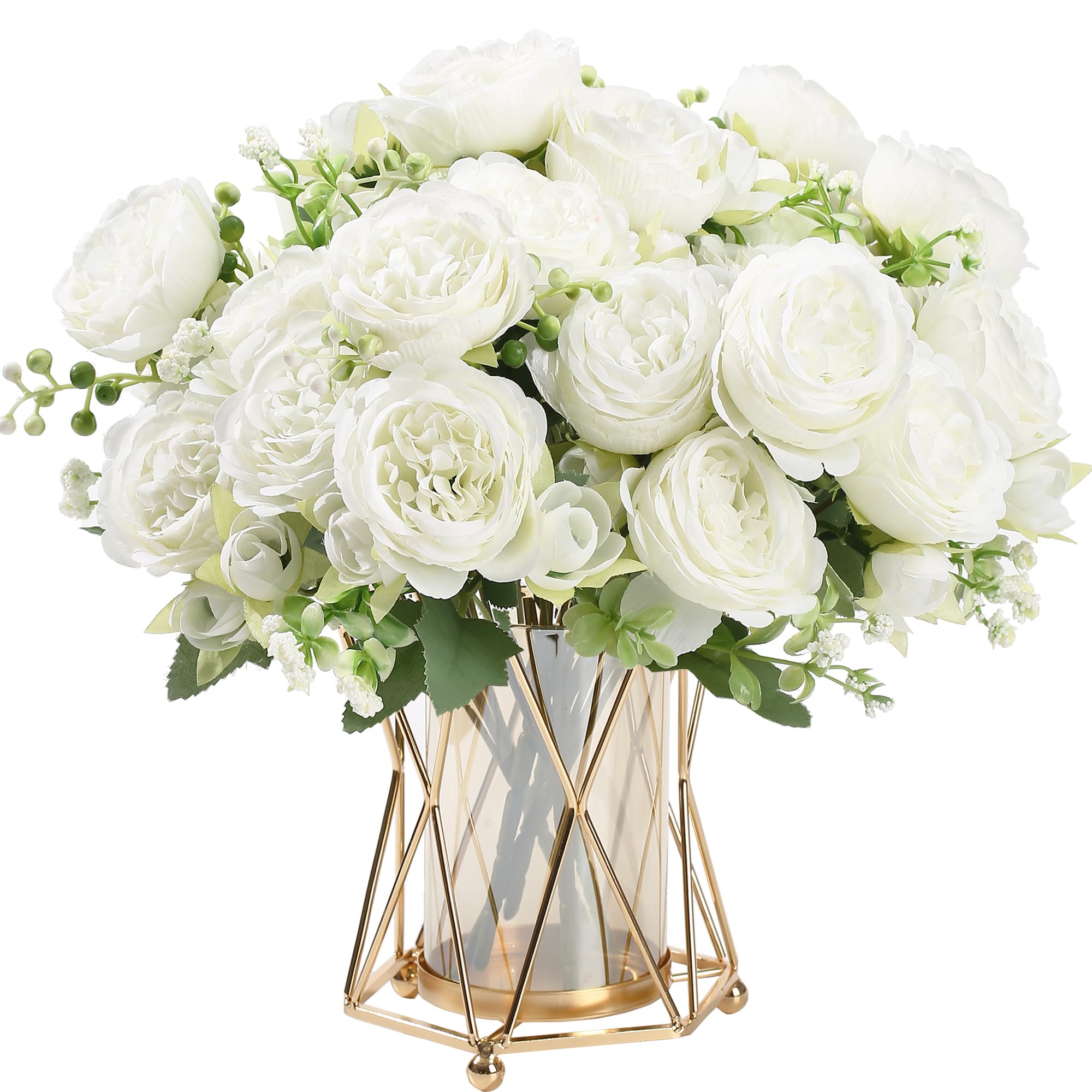 2 Bunches Artificial Peony Silk Flowers, White Faux Peonies Flower Bouquet for Wedding Party Centerpiece Home Decor