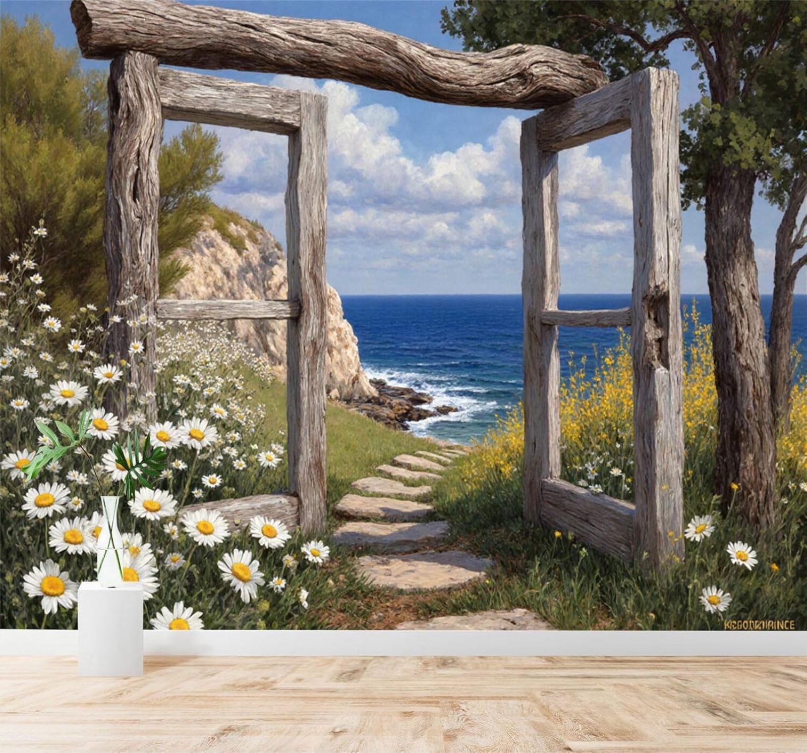 XLMING Wooden Door Coast Path Seascape Wildflowers 3D Wallpaper Silky Texture Home Study Office Grey Dining Room Sofa Bedroom Living Room TV Backdrop-300cm×210cm