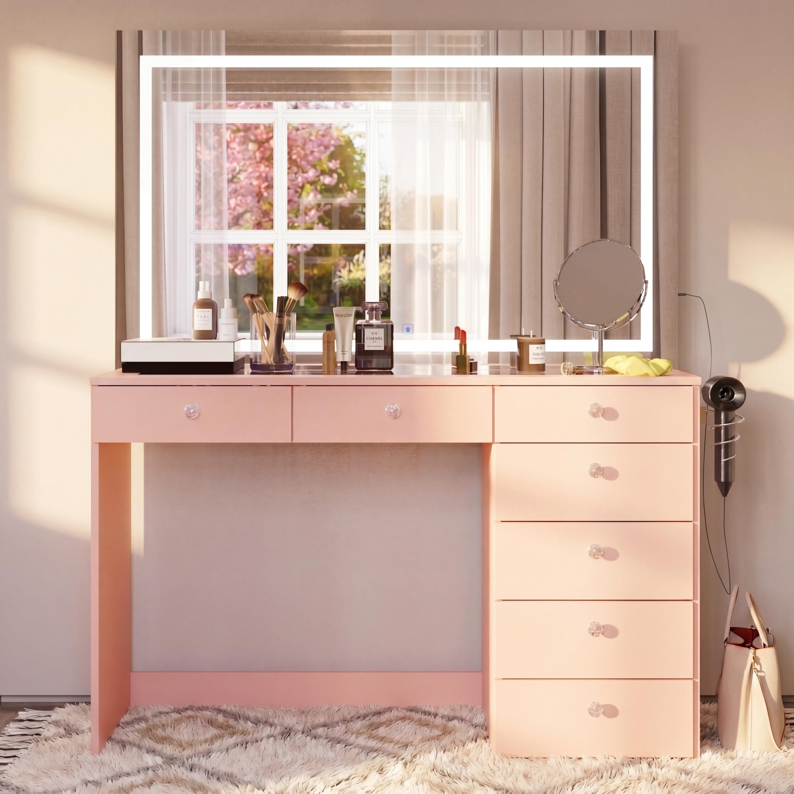 Boahaus Aria Vanity Desk with LED Mirror – 7 Drawer Makeup Station with Integrated Power & Built-in Speakers