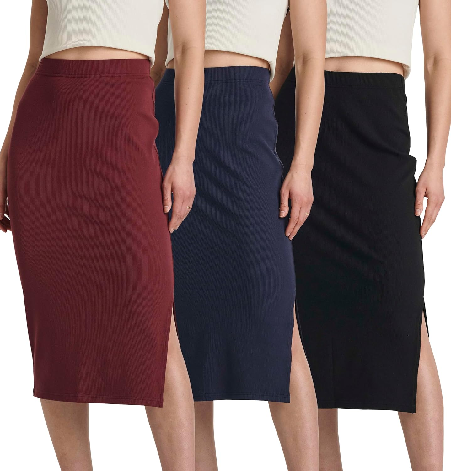 Real Essentials 3 Pack: Women's Midi Ribbed Knit Skirt with Side Slit - Stretchy Work Business Casual Pencil Pull-On Skirts