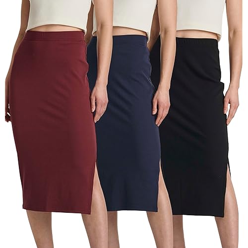 Real Essentials 3 Pack: Women's Midi Ribbed Knit Skirt with Side Slit - Stretchy Work Business Casual Pencil Pull-On Skirts